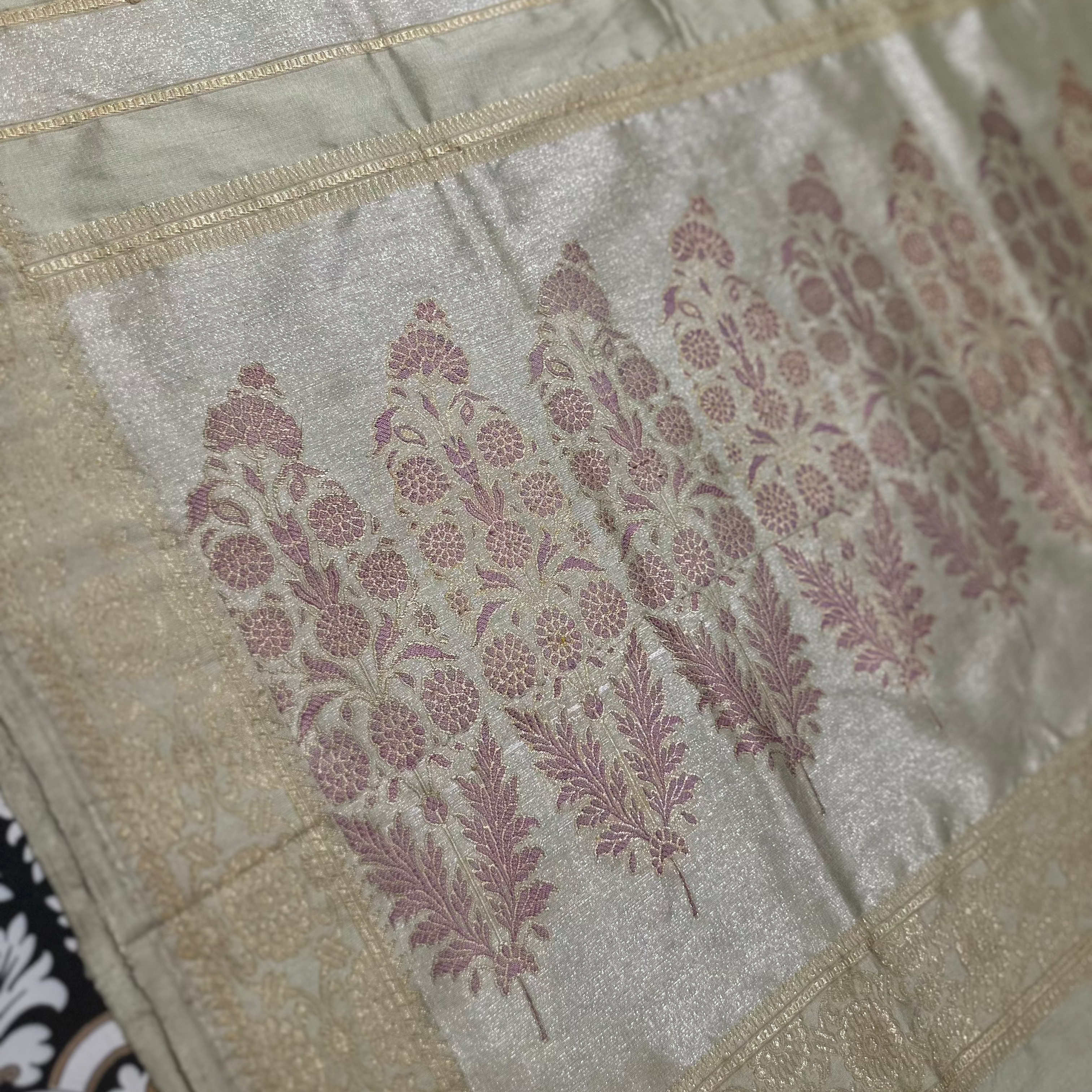 Light Pista and Old Rose colour Marigold Baluchari Saree