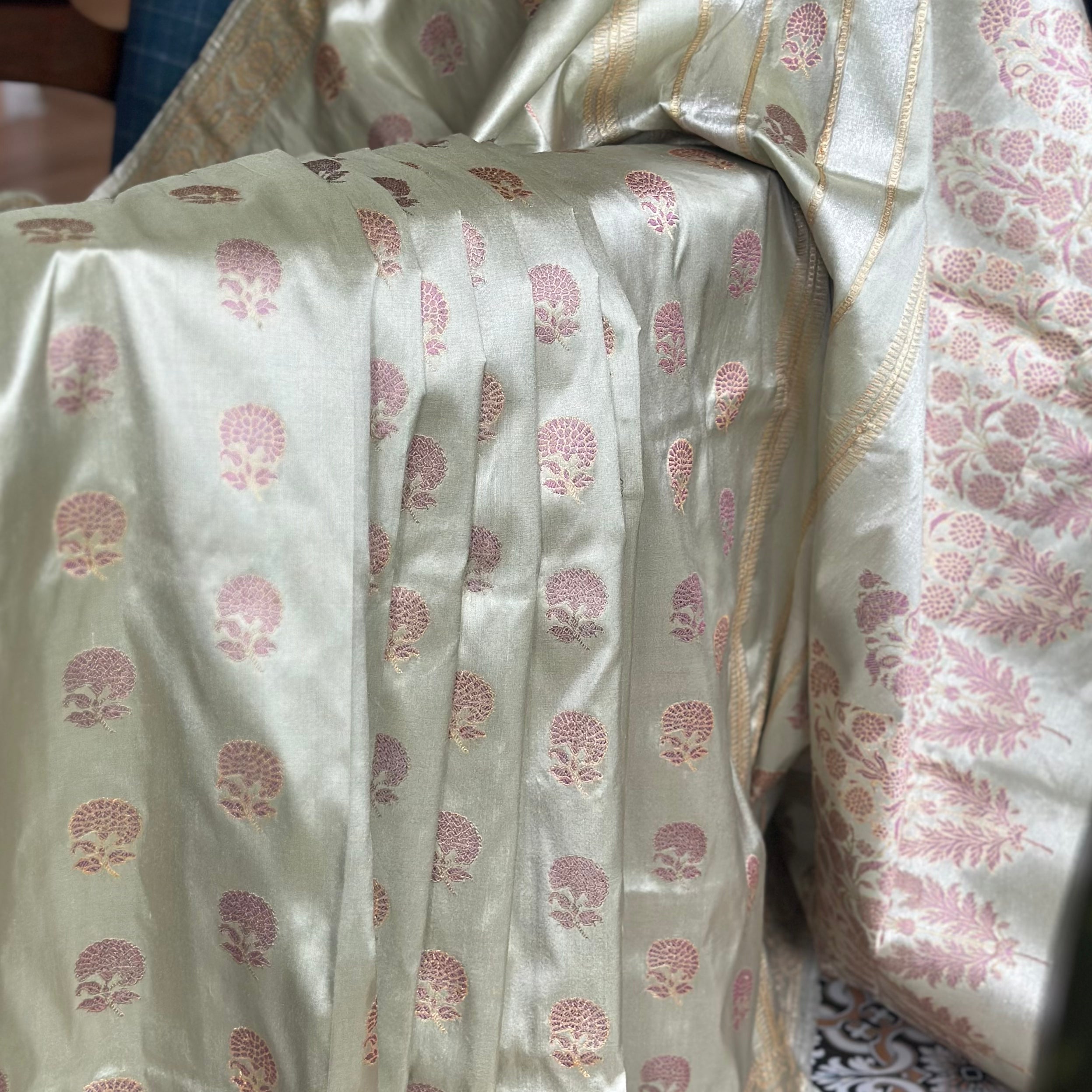 Pre Order : Light Pista and Old Rose Colour Marigold Baluchari Saree