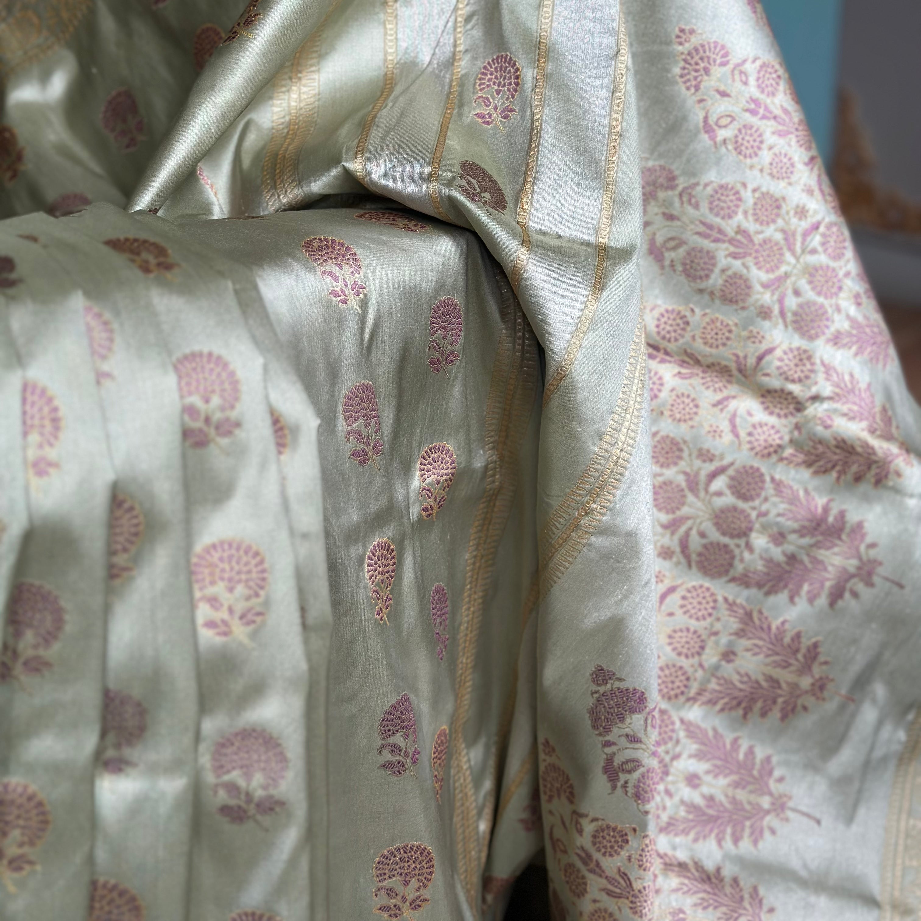 Light Pista and Old Rose colour Marigold Baluchari Saree