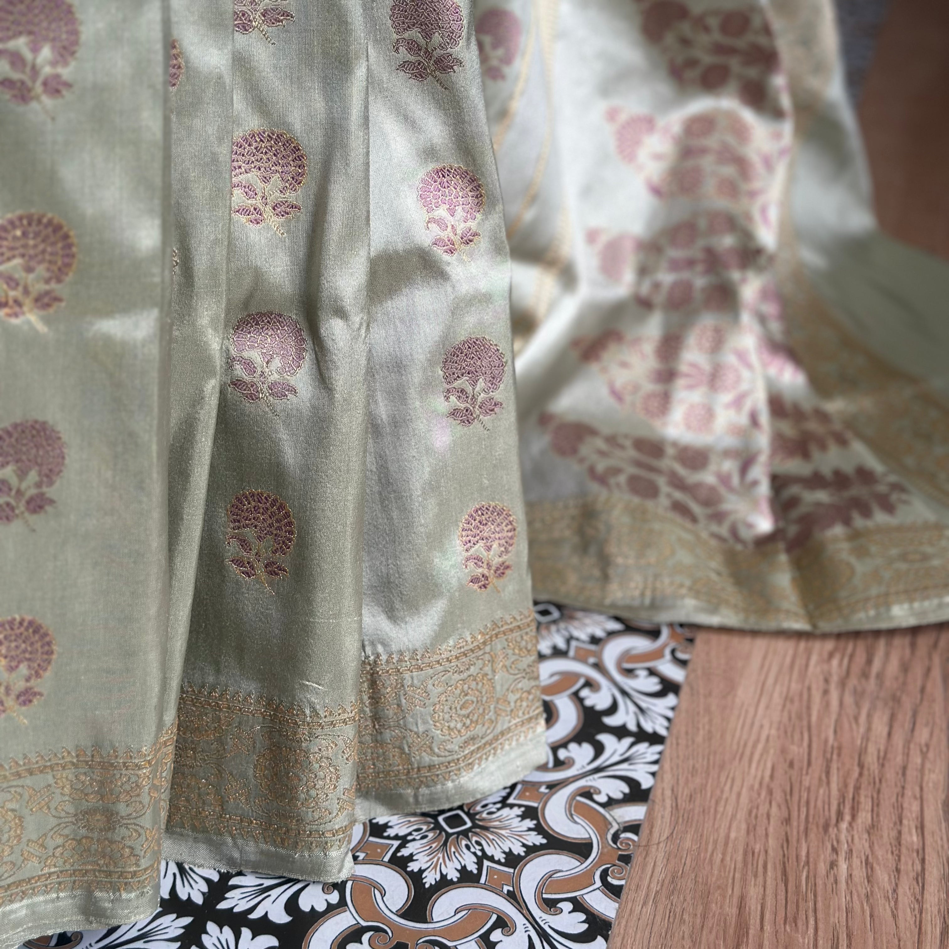 Light Pista and Old Rose colour Marigold Baluchari Saree