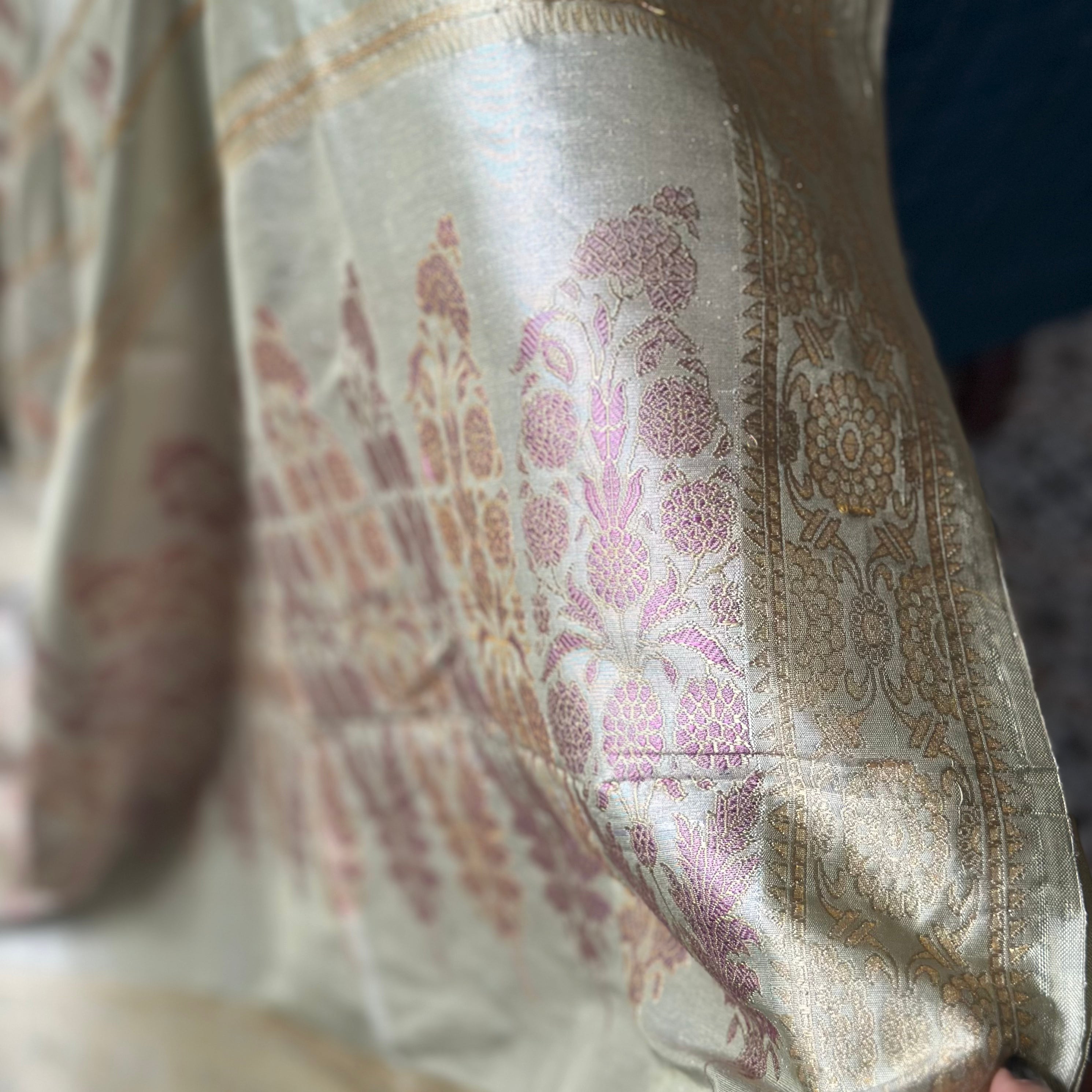 Pre Order : Light Pista and Old Rose Colour Marigold Baluchari Saree