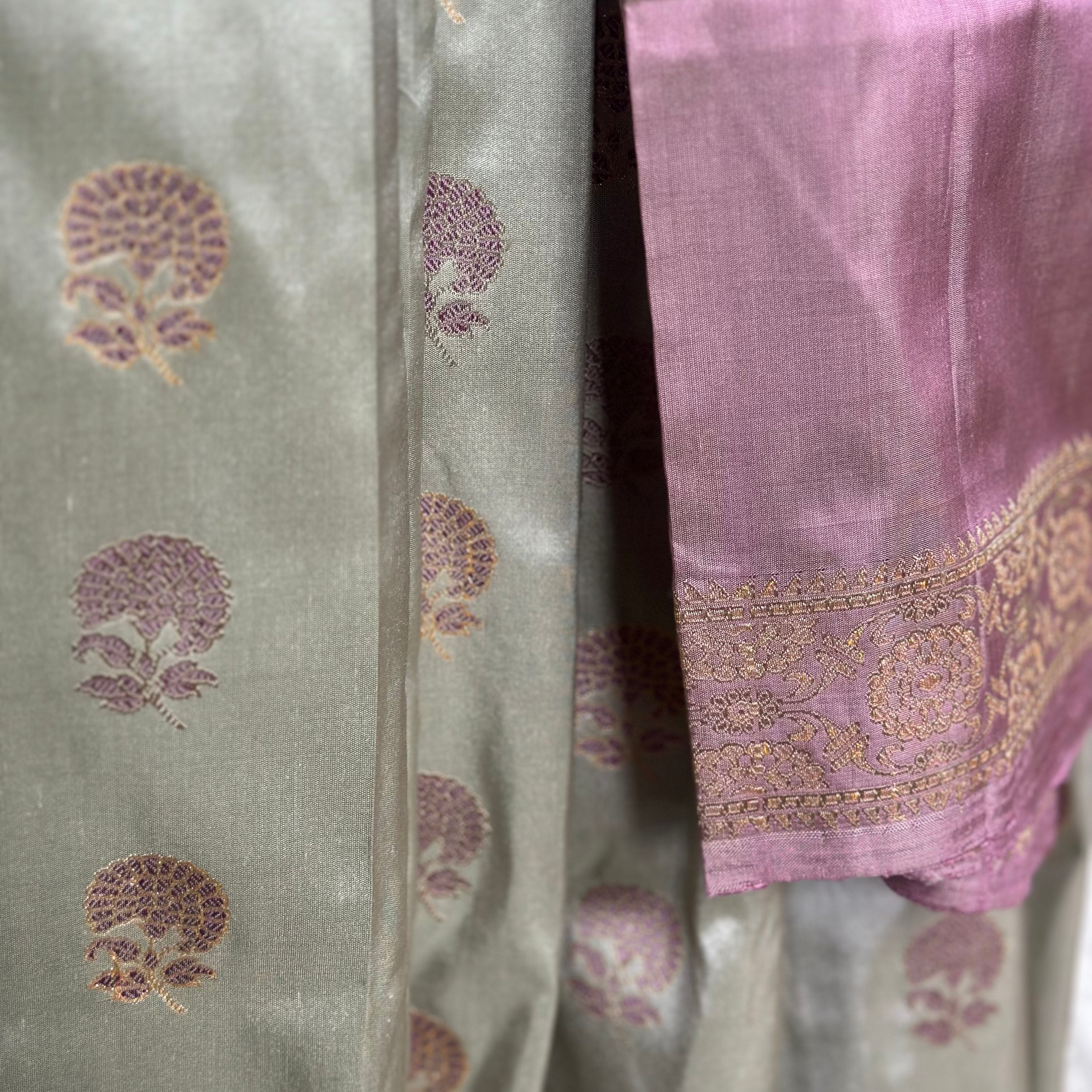 Pre Order : Light Pista and Old Rose Colour Marigold Baluchari Saree