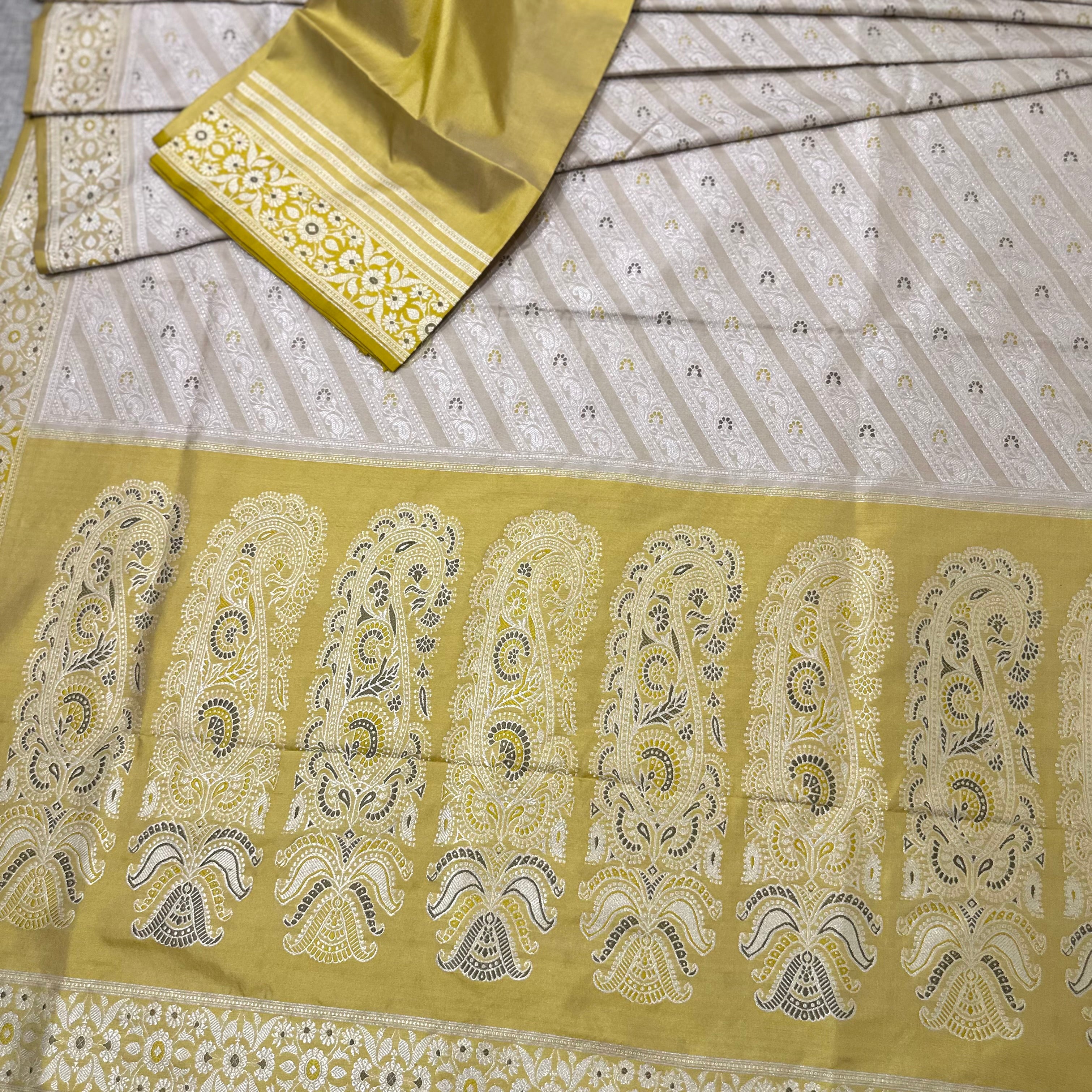 Beige and Yellow Ada Baluchari Saree with Paisleys in the Palla