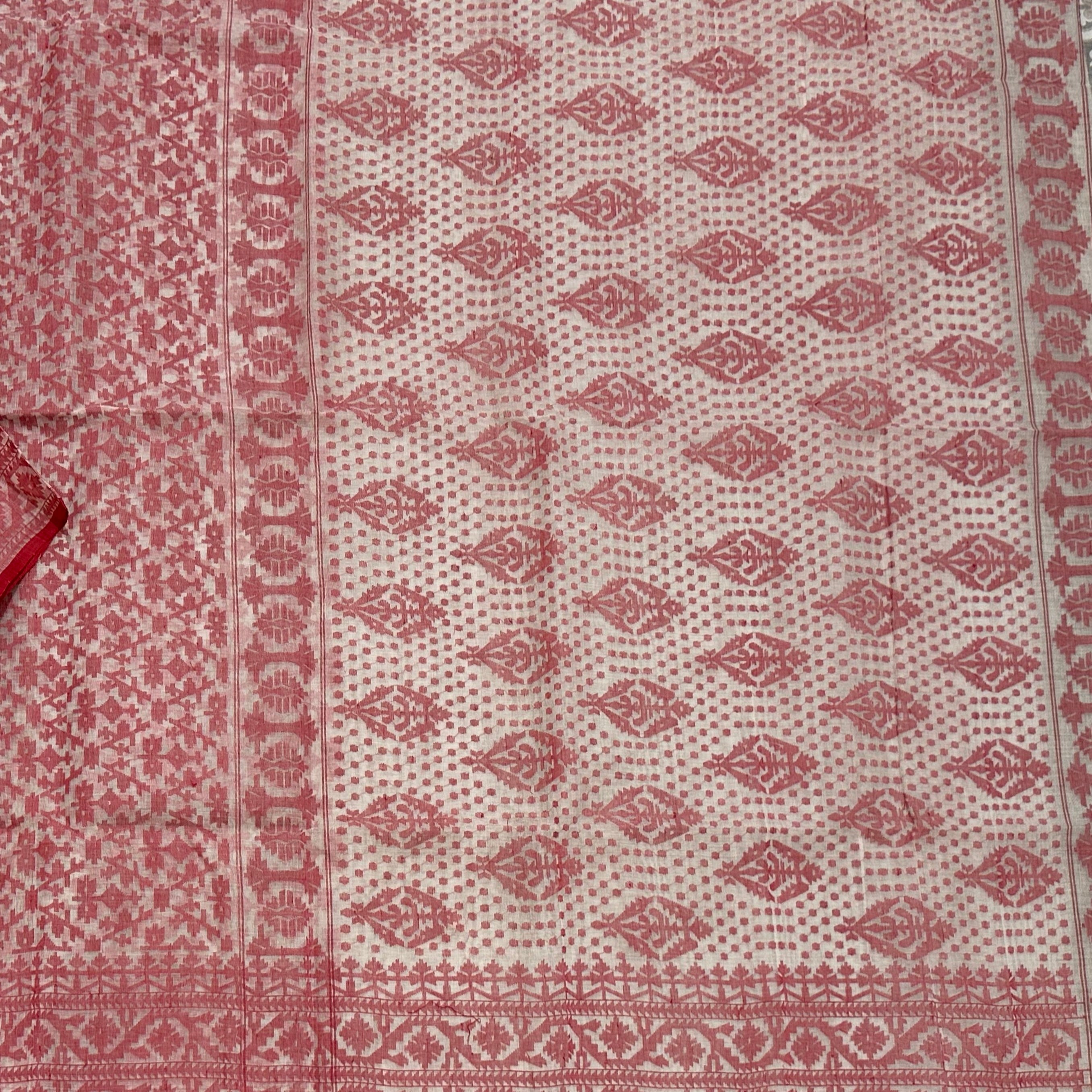 White and Maroonish Red Grand Dhakai Jamdani Saree