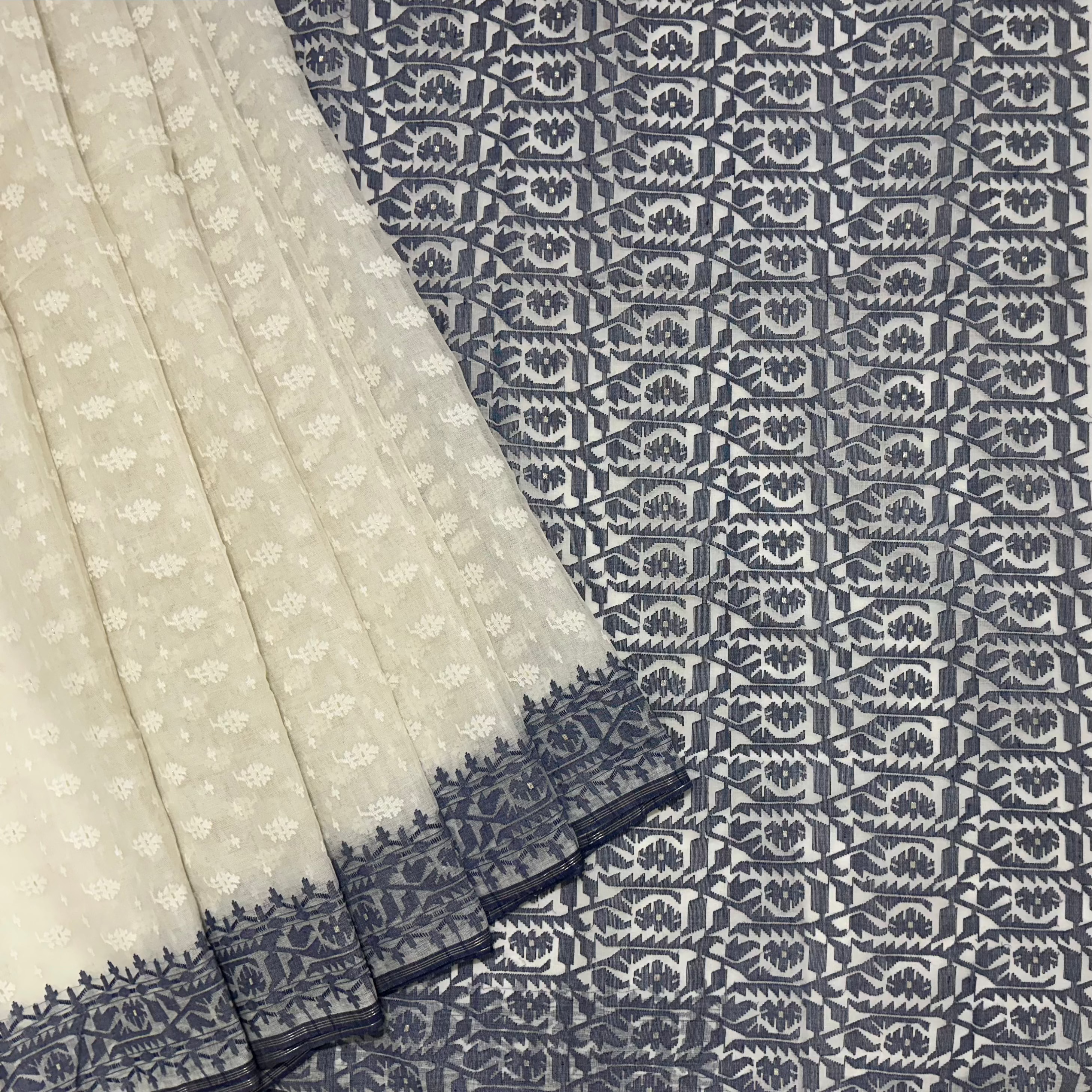 White and Dark Blue Dhakai Jamdani