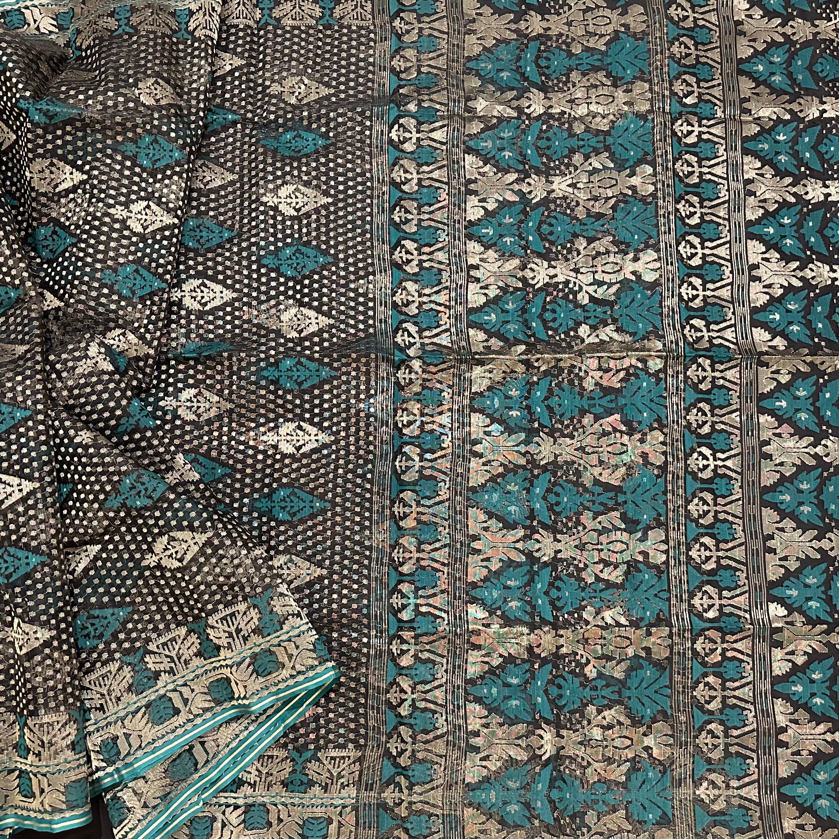 Black with Golden Zari and Green buti Dhakai Jamdani