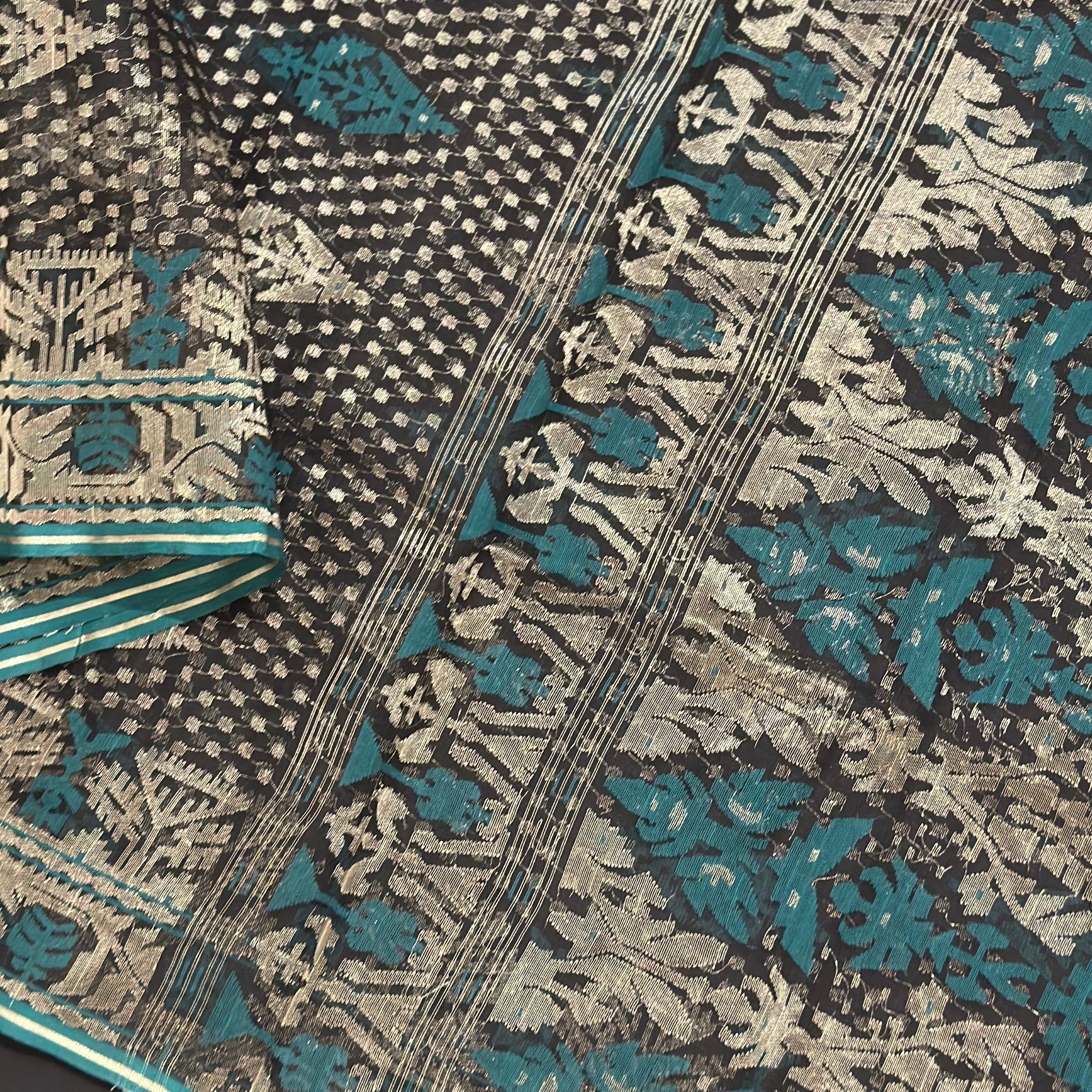Black with Golden Zari and Green buti Dhakai Jamdani