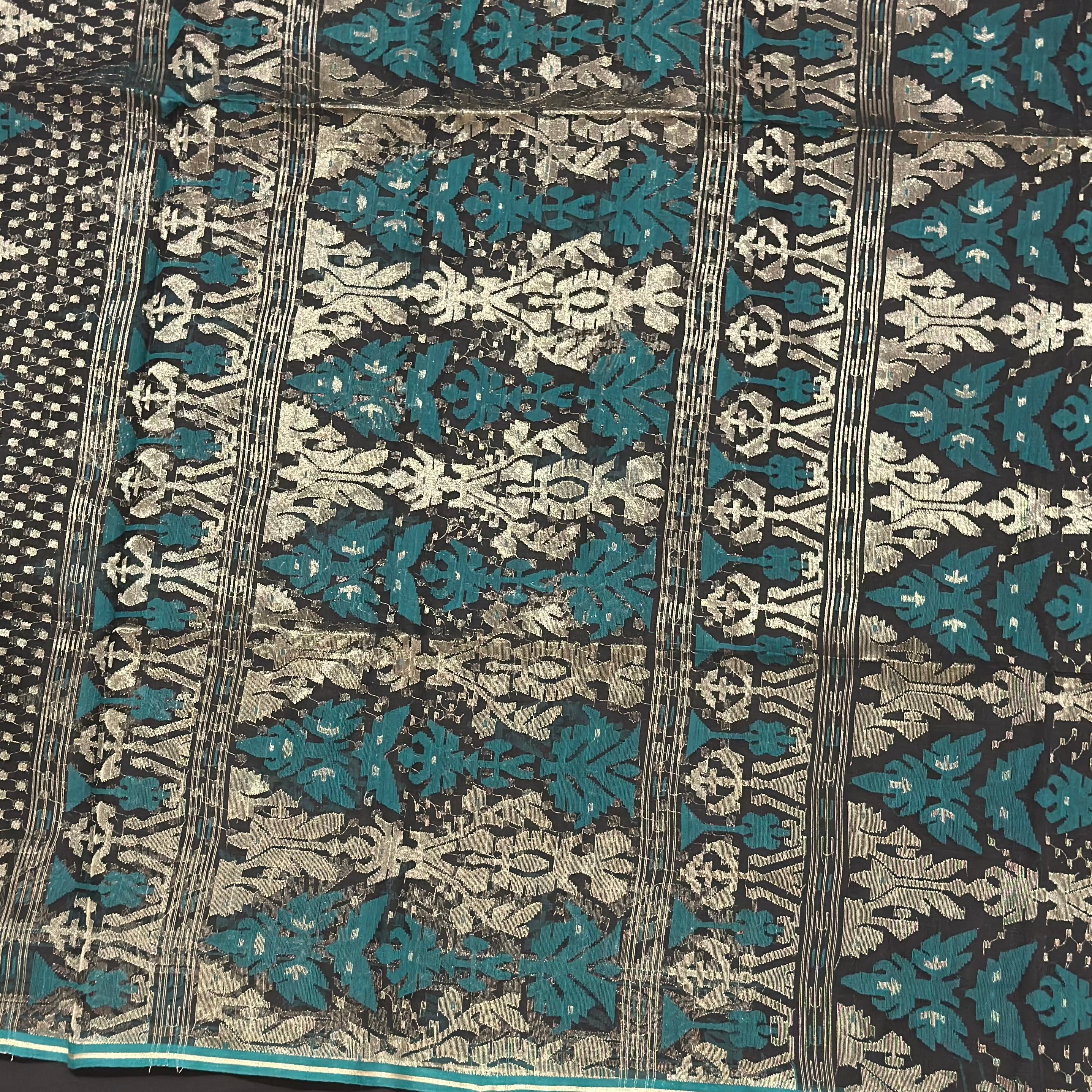 Black with Golden Zari and Green buti Dhakai Jamdani