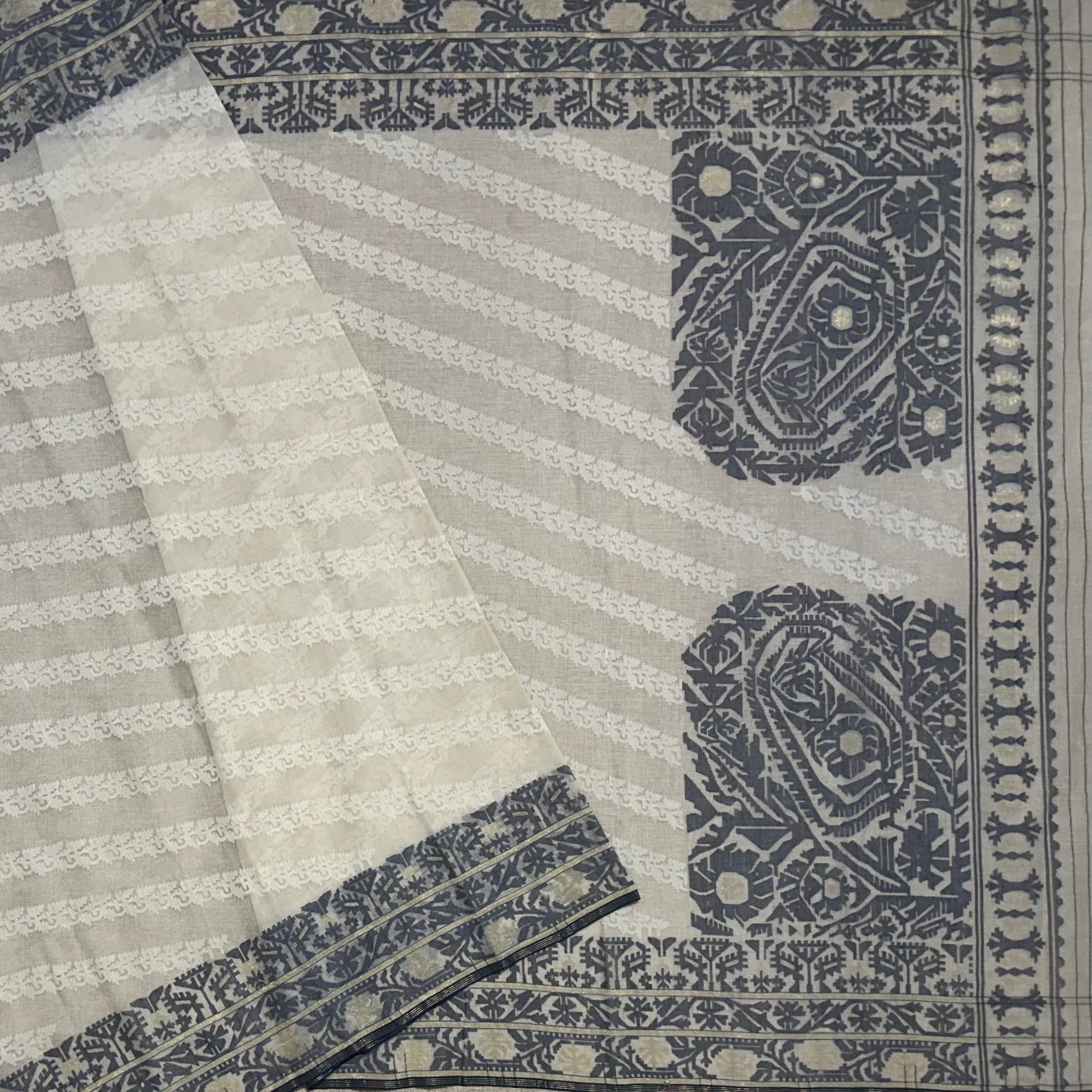 White and Indigo Dhakai Jamdani with Koniya
