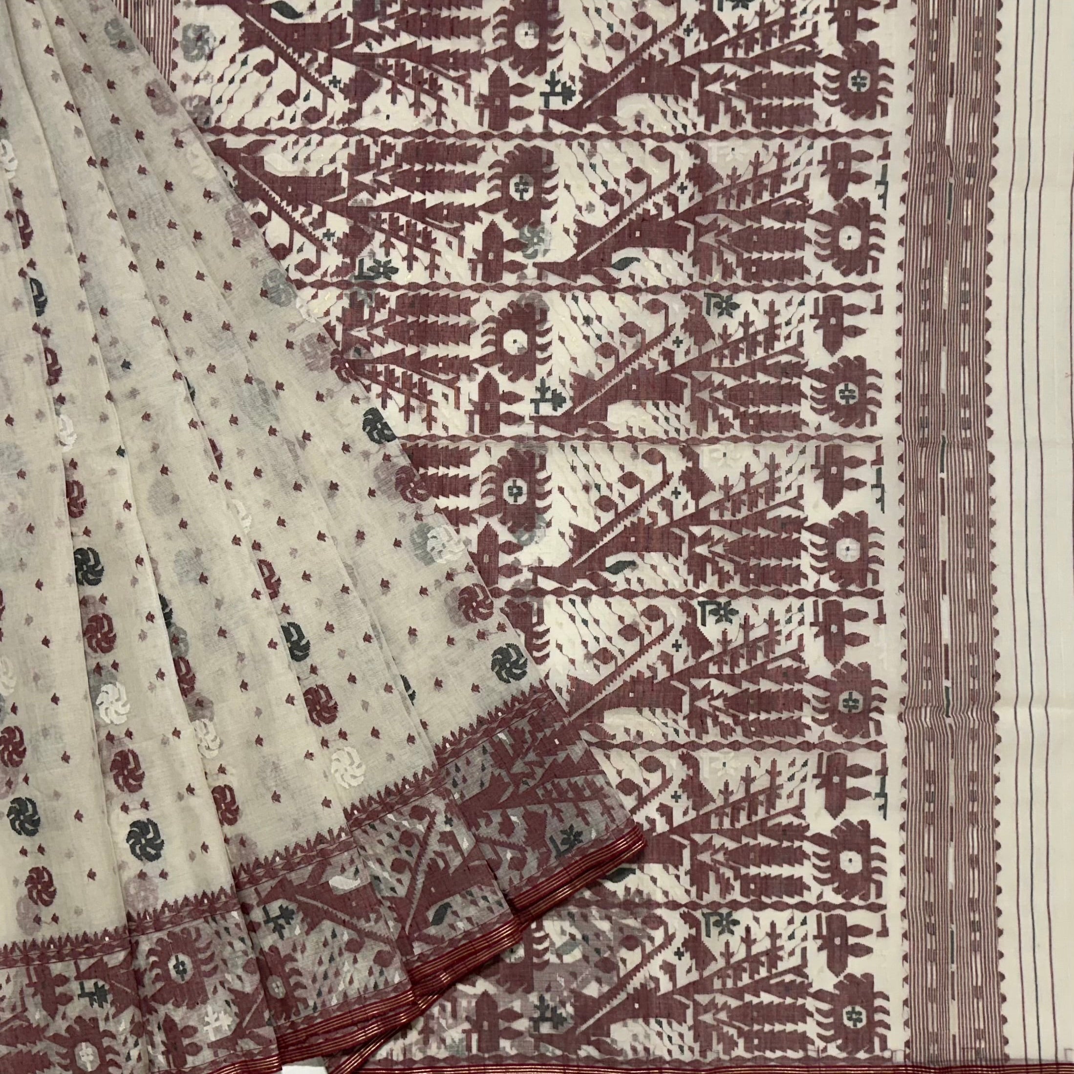 White with Maroon and Black Dhakai Jamdani