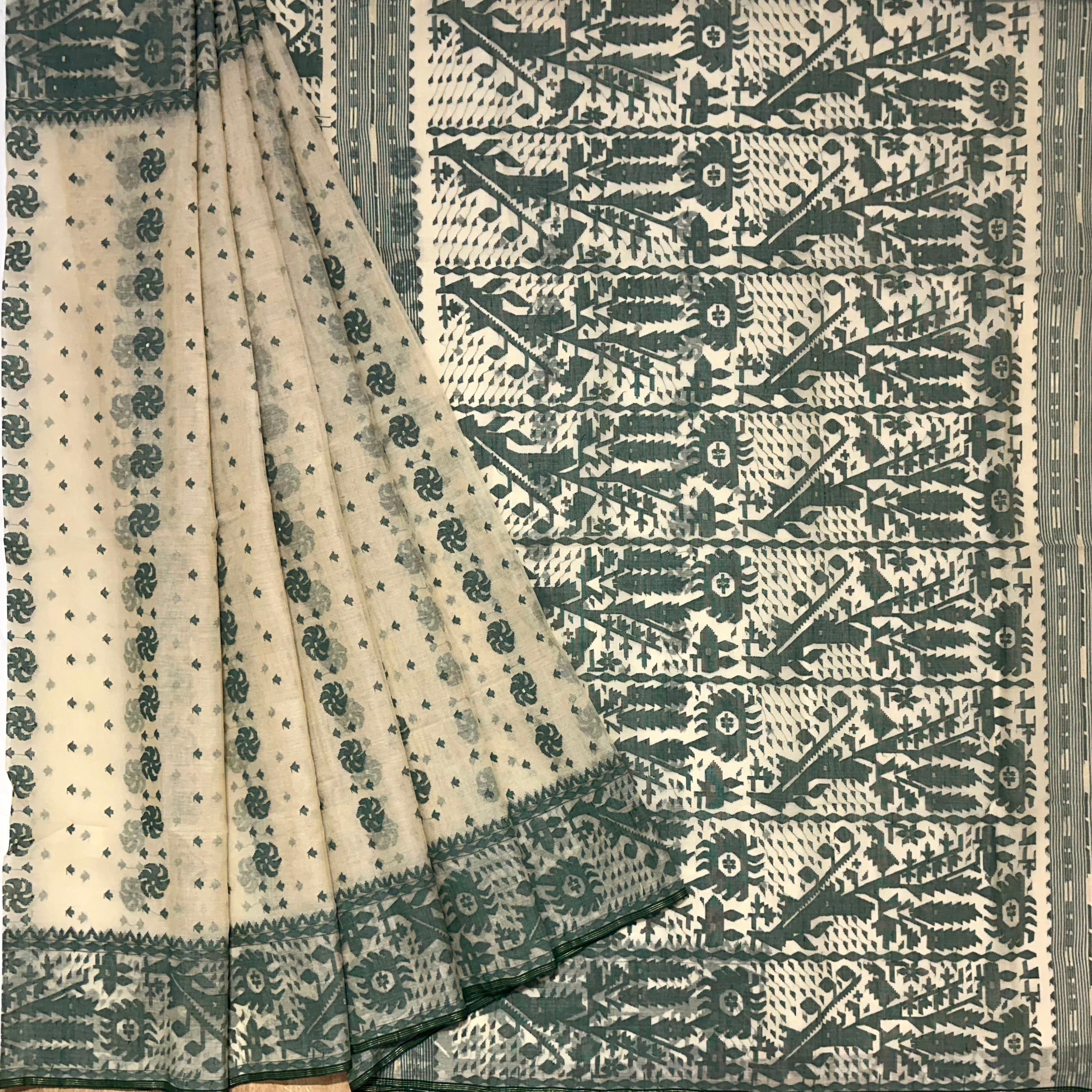 Beige and Bottle Green Dhakai Jamdani