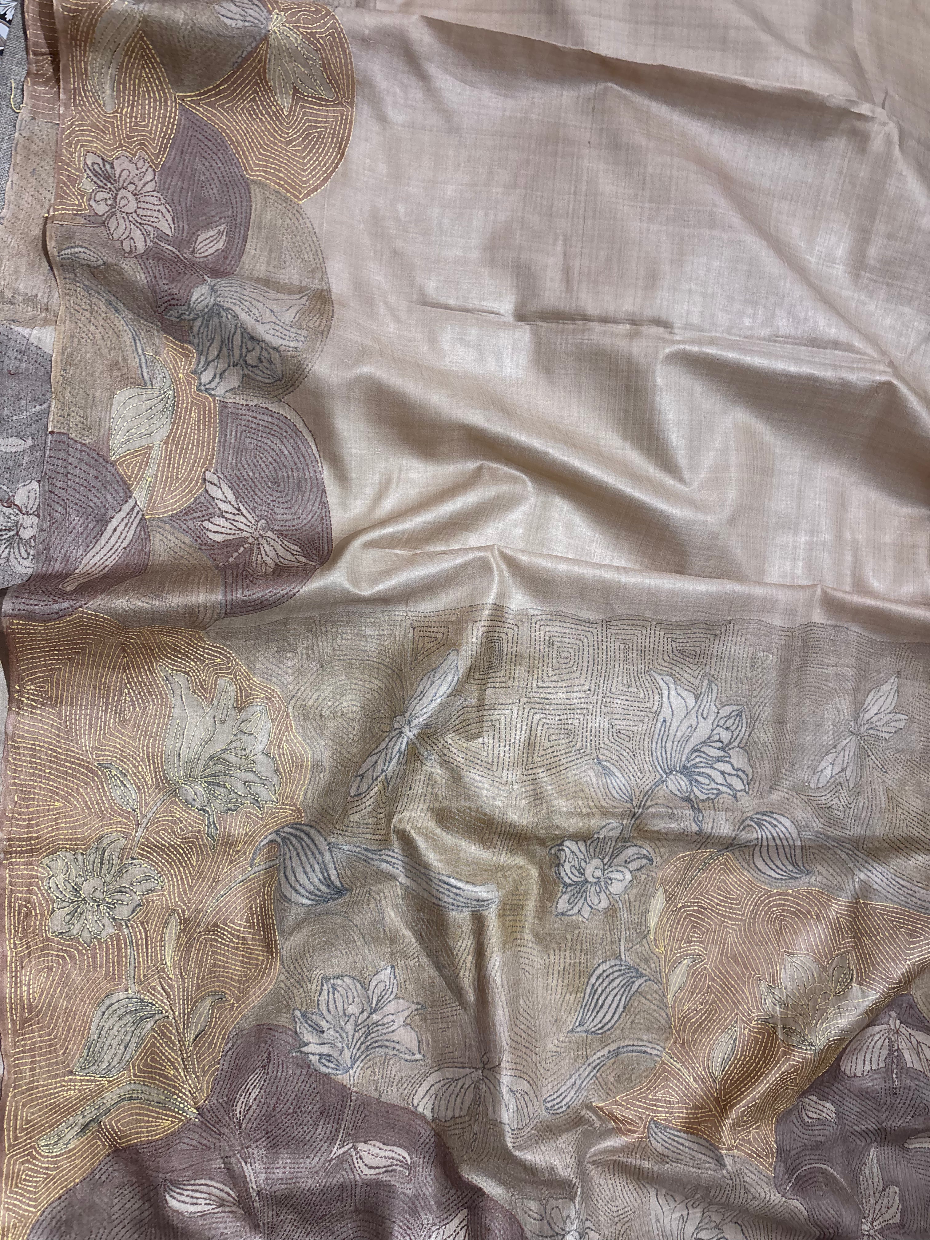 Natural Dyed Handwoven Tussar with Kantha