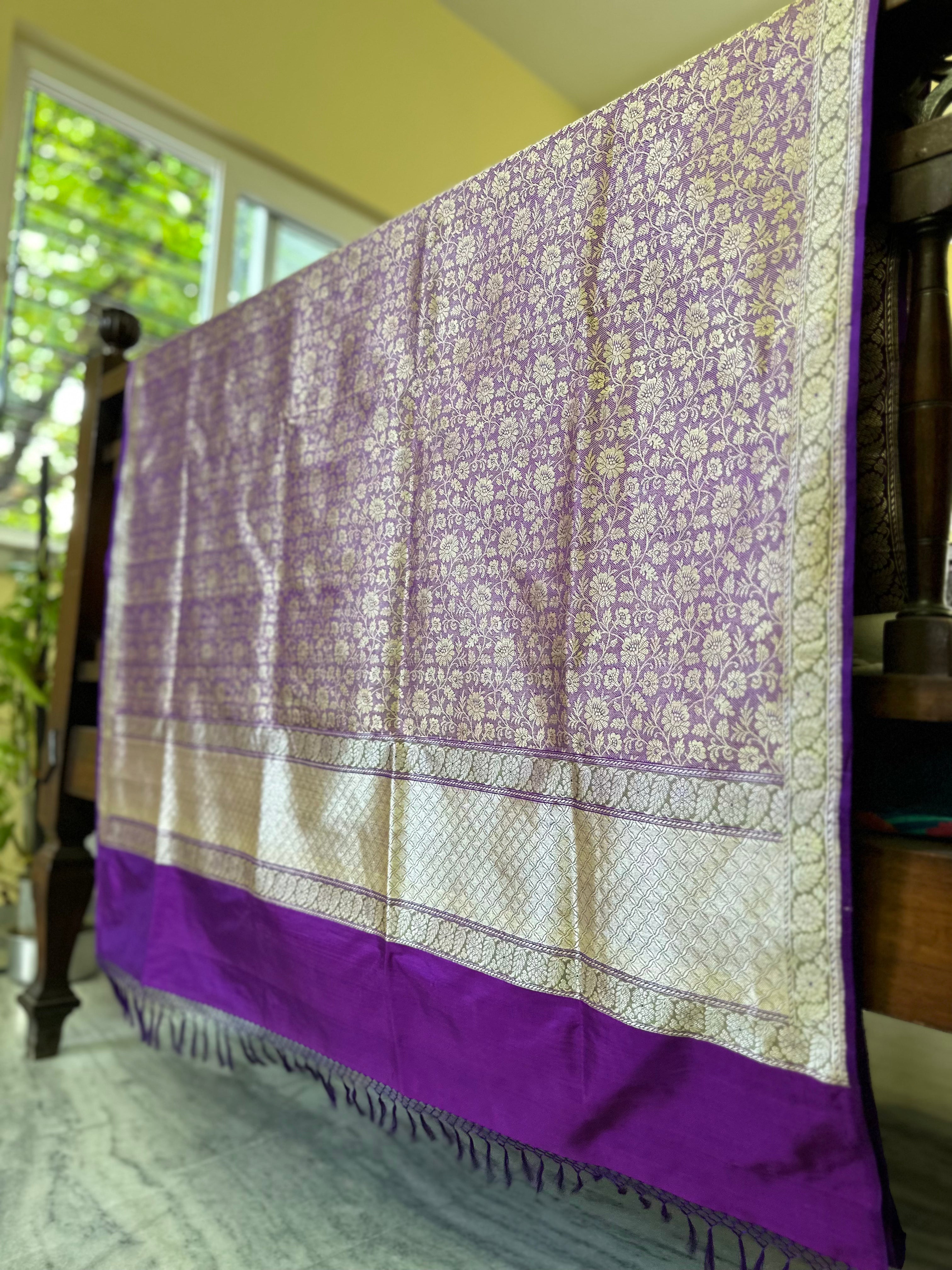 Purple and Gold With Pistachio Minakari Khadwa Border Benarasi Saree