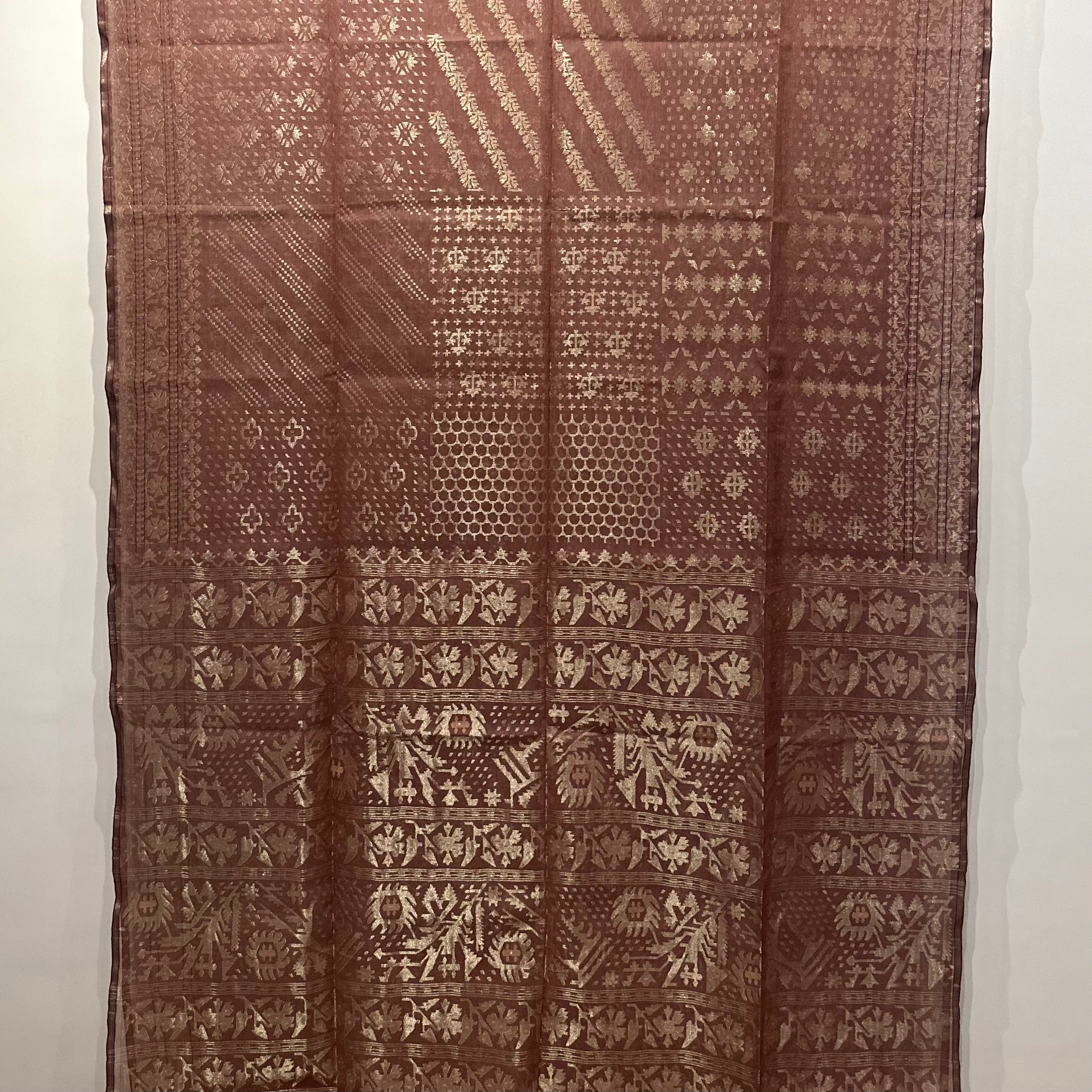 Brown Handspun 200 Count Dhakai Jamdani Masterpiece with 16 Different Motifs