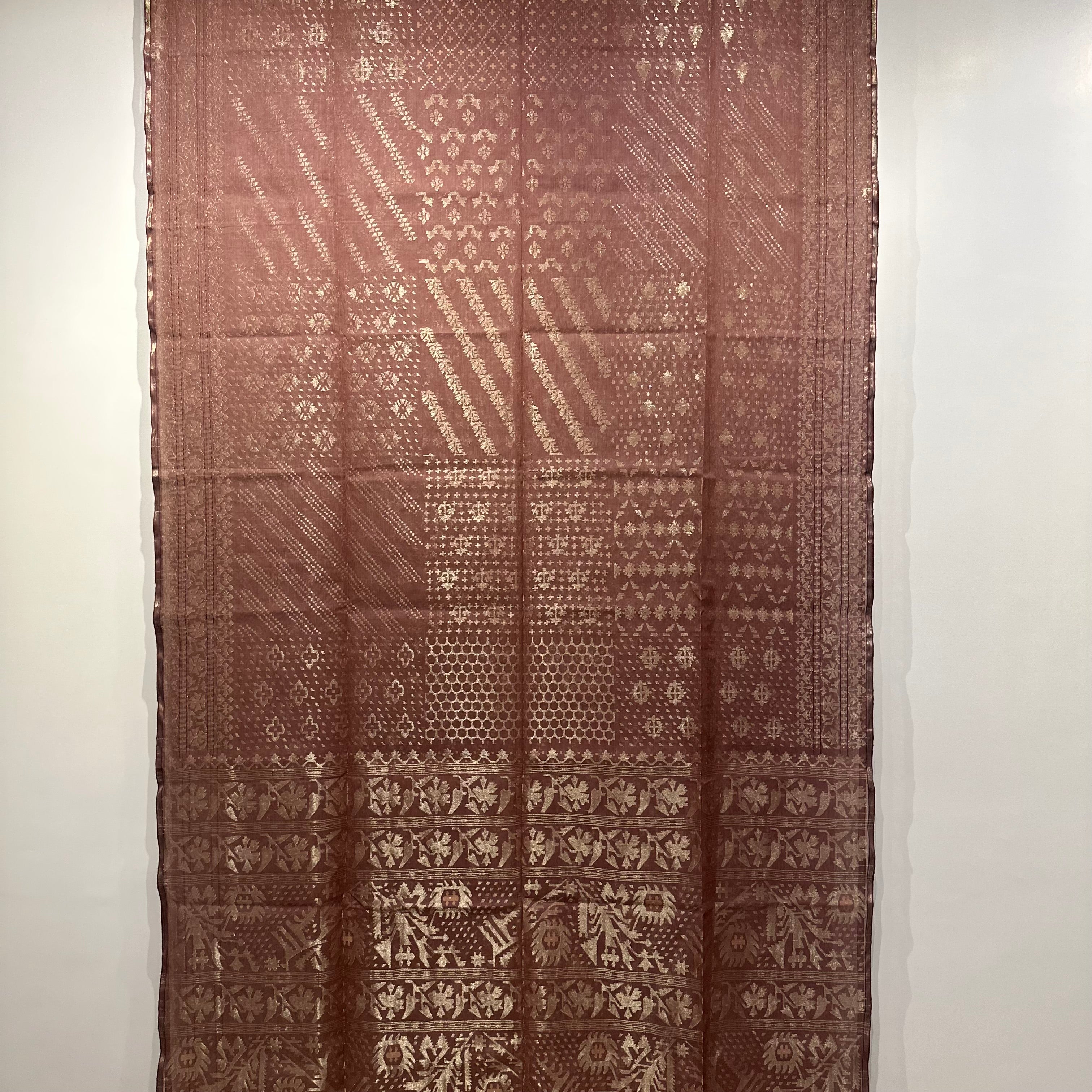 Brown Handspun 200 Count Dhakai Jamdani Masterpiece with 16 Different Motifs