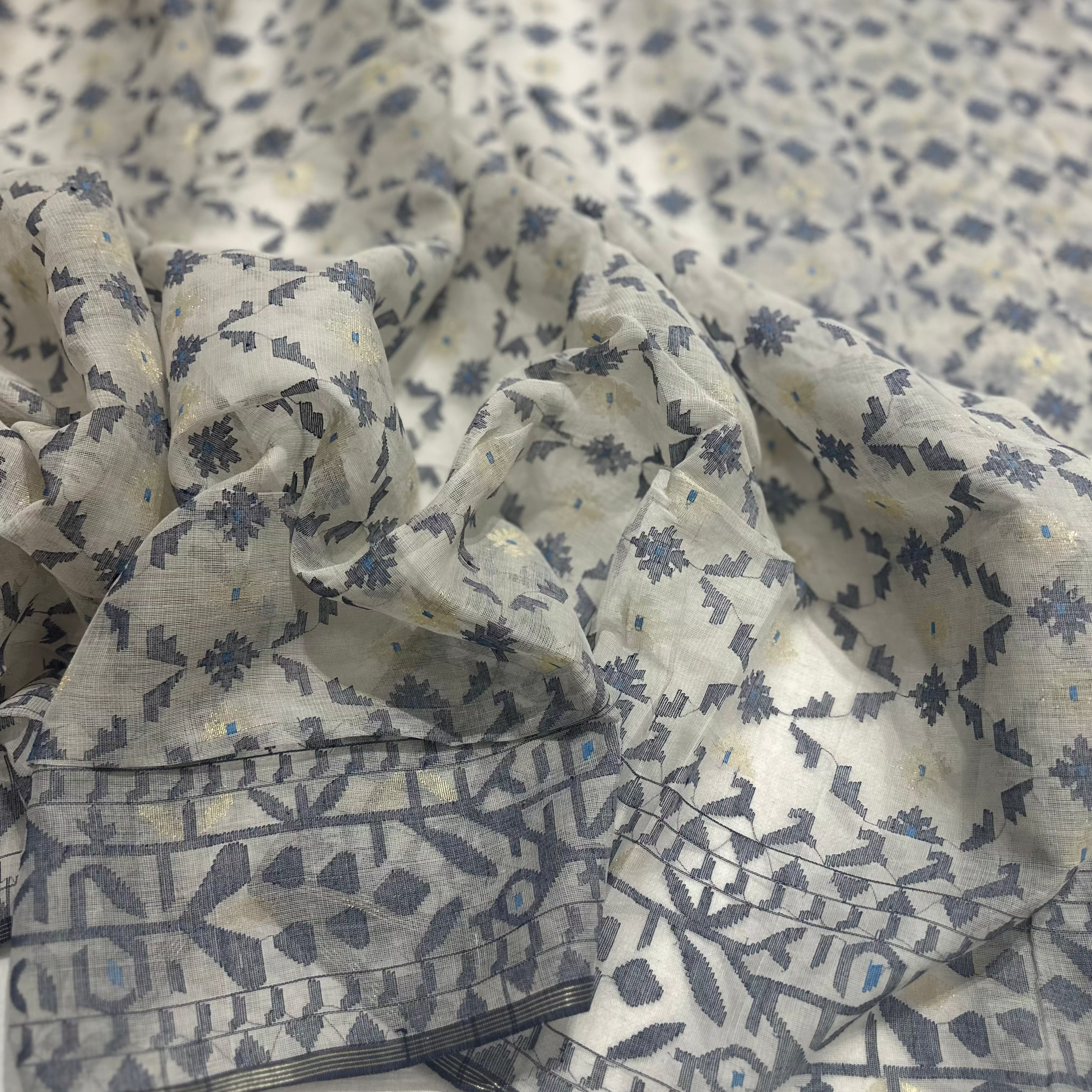 White and Blue Jaal Dhakai Jamdani Saree