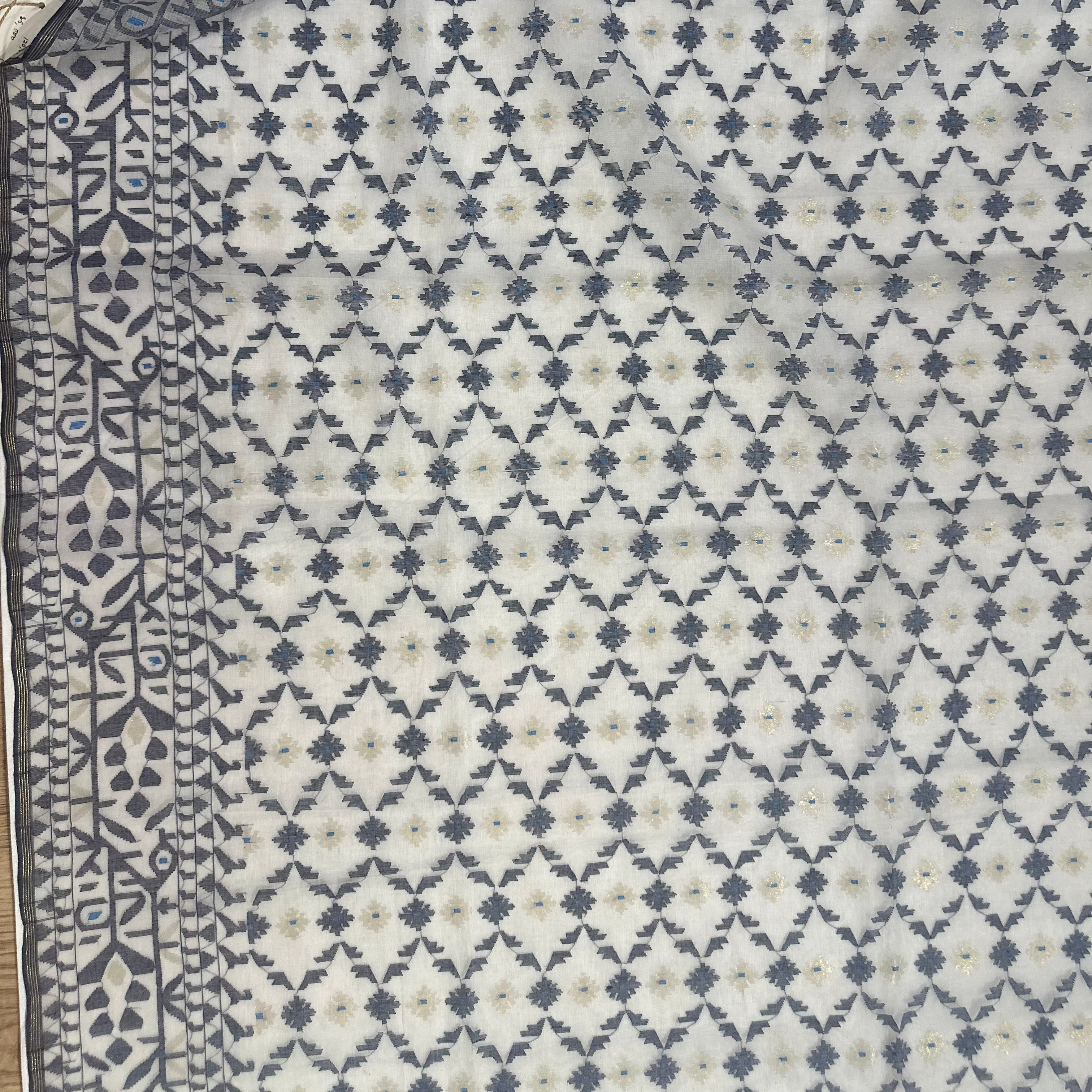 White and Blue Jaal Dhakai Jamdani Saree