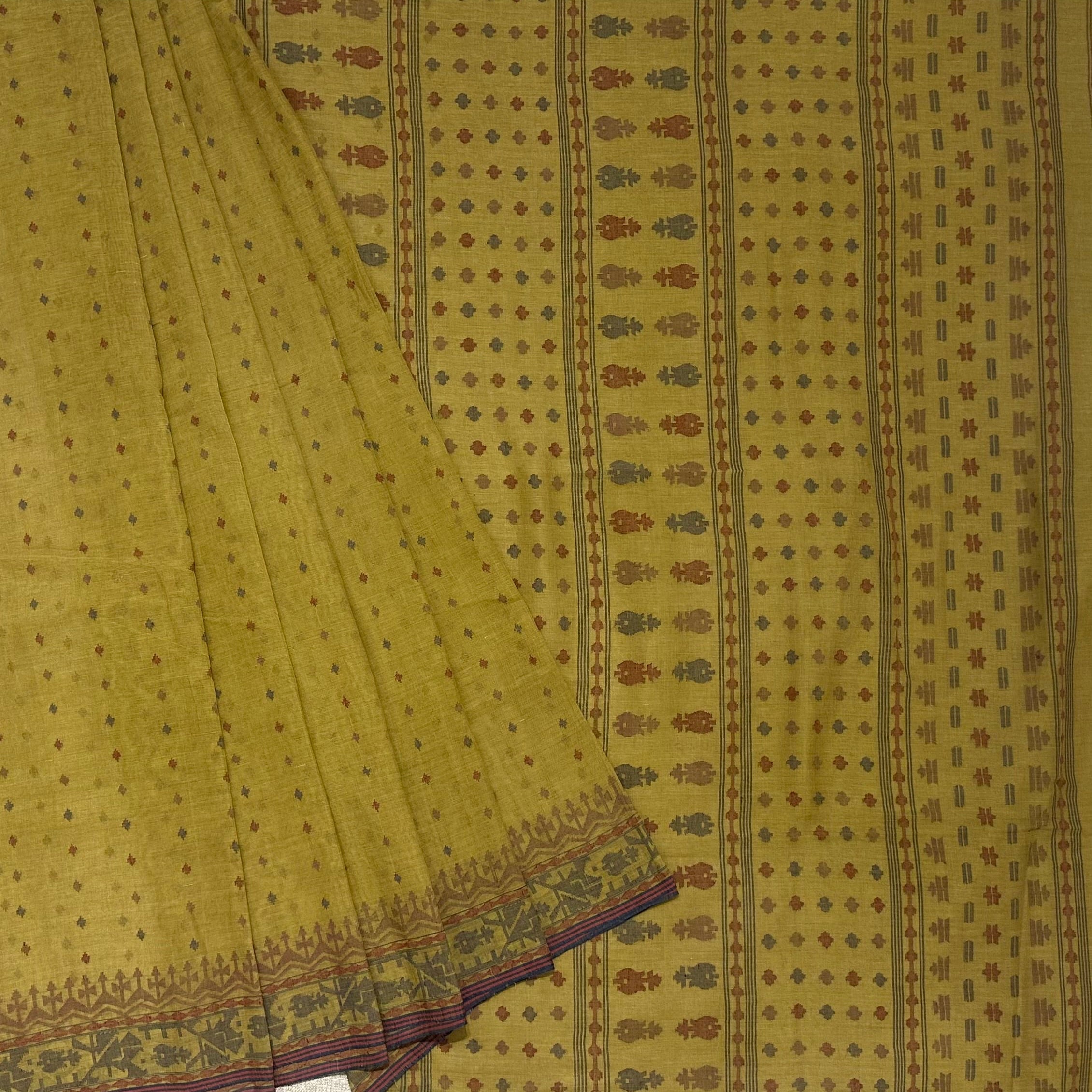 Beige/Light Mehendi Green Natural Dyed Dhakai Jamdani