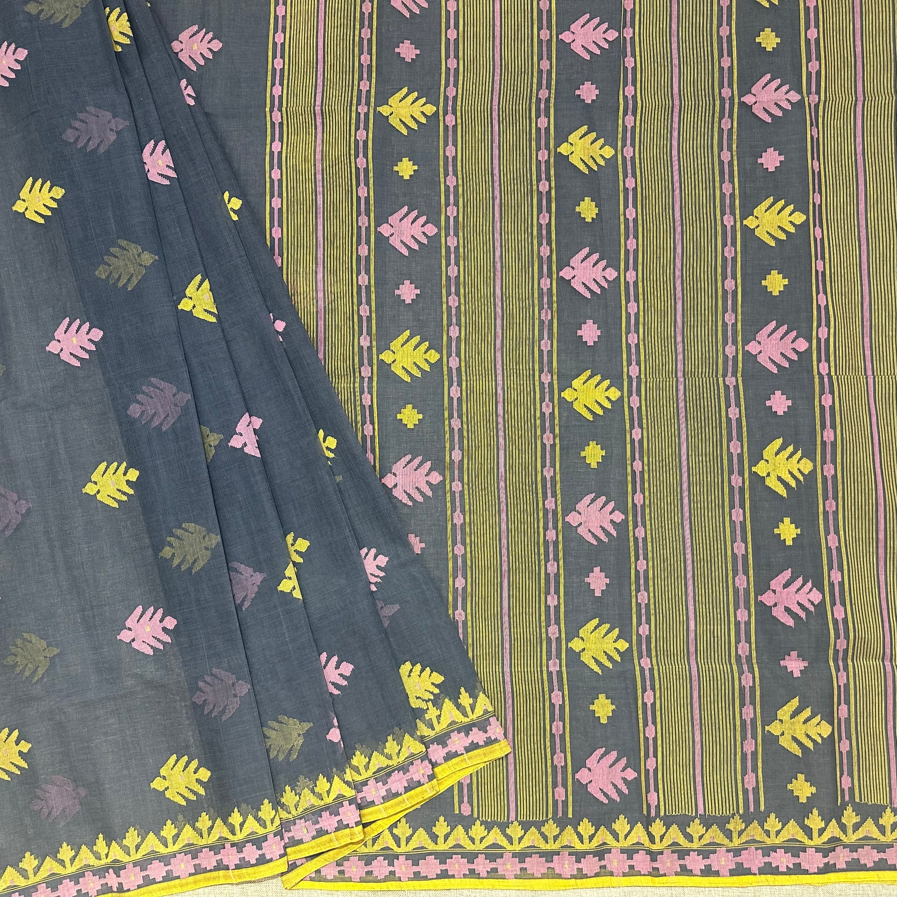 Grey Dhakai Jamdani with Pink and Yellow Motifs