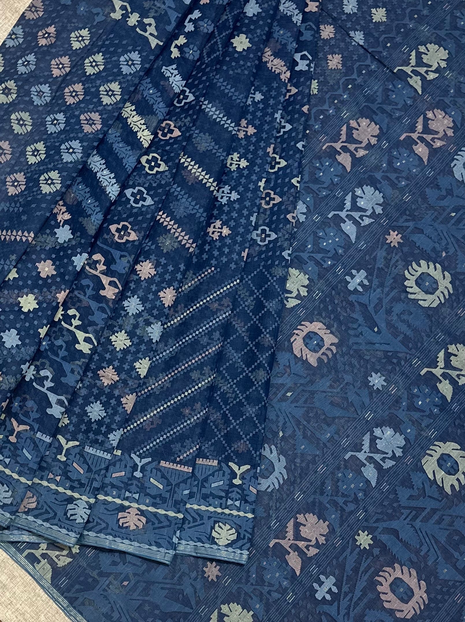 Indigo Handspun 200 Count Dhakai Jamdani Masterpiece with 16 Different Motifs