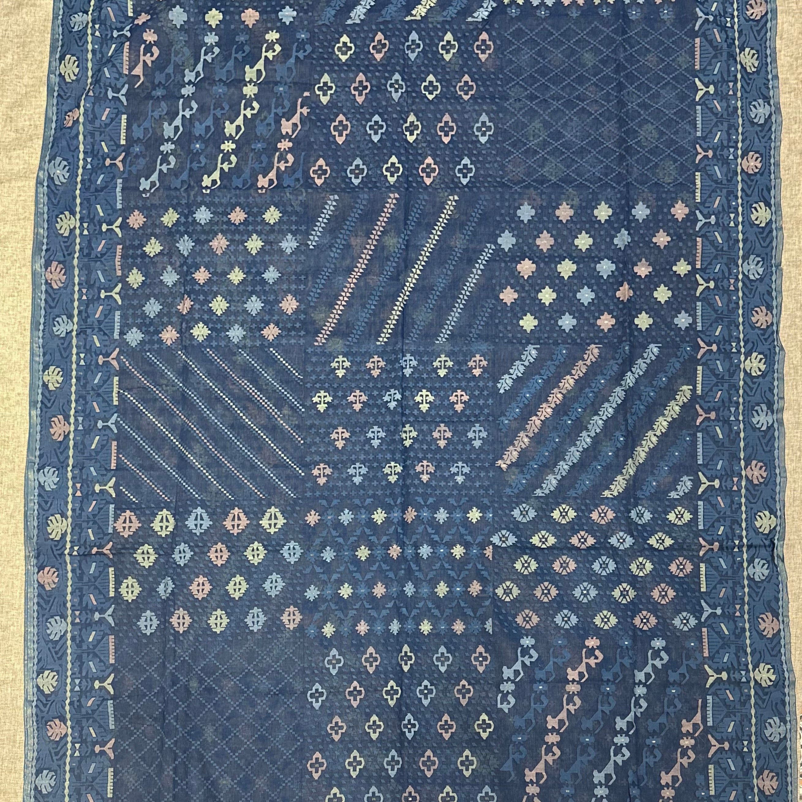 Indigo Handspun 200 Count Dhakai Jamdani Masterpiece with 16 Different Motifs