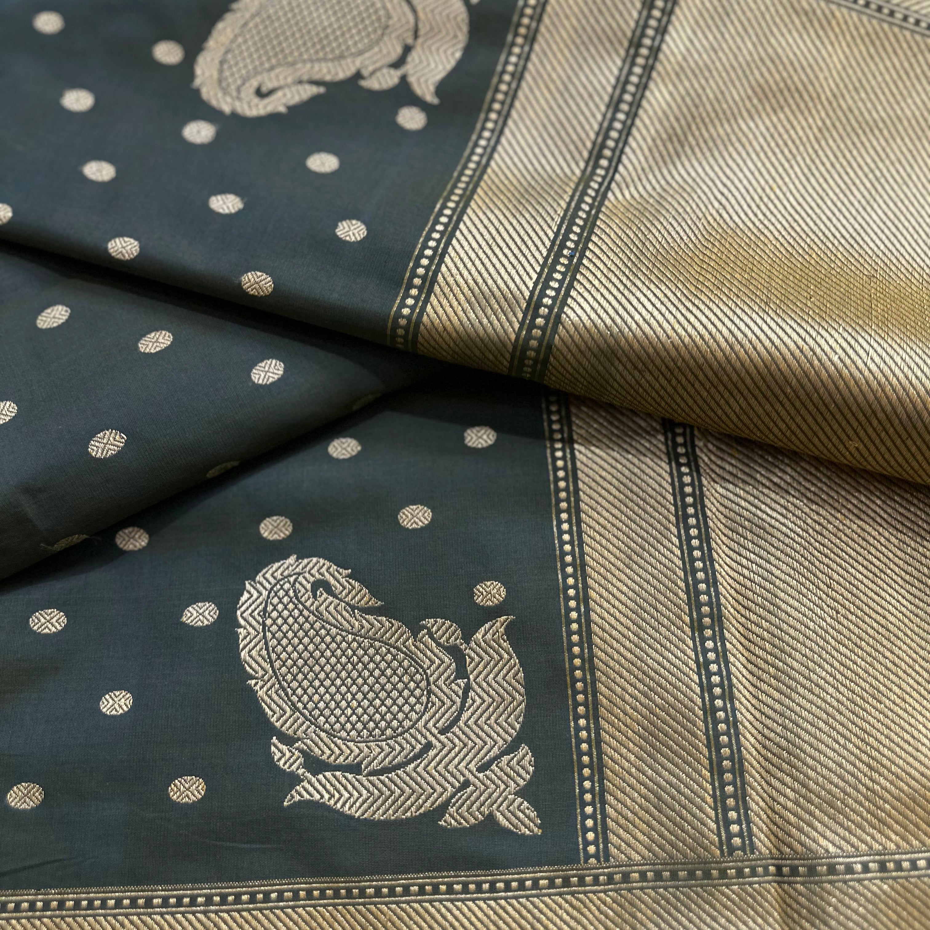 Pure Cotton Peacock Green Natural Dyed Benarasi