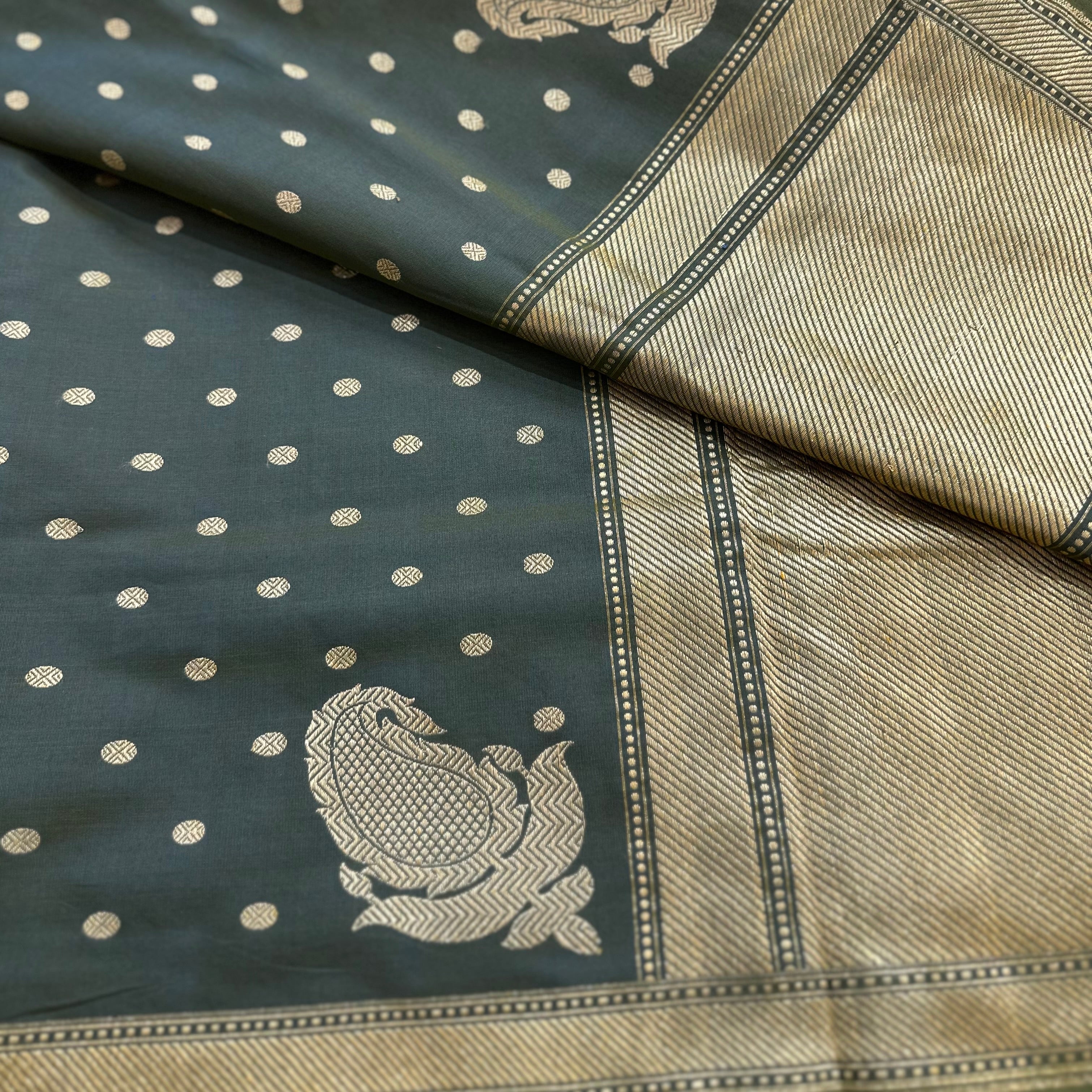 Pure Cotton Peacock Green Natural Dyed Benarasi