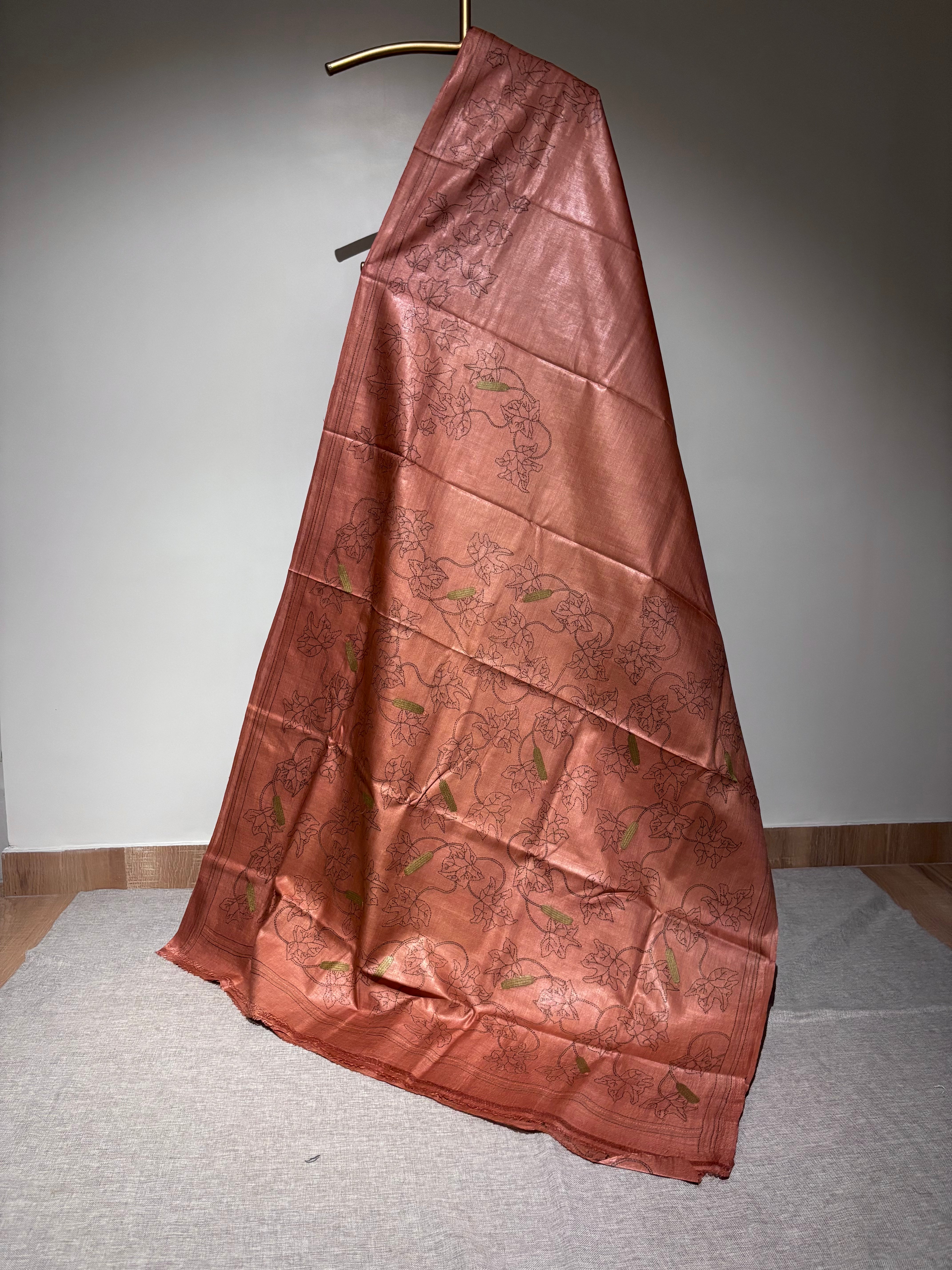 Madder Root Natural Dyed Handwoven Tussar with Kantha