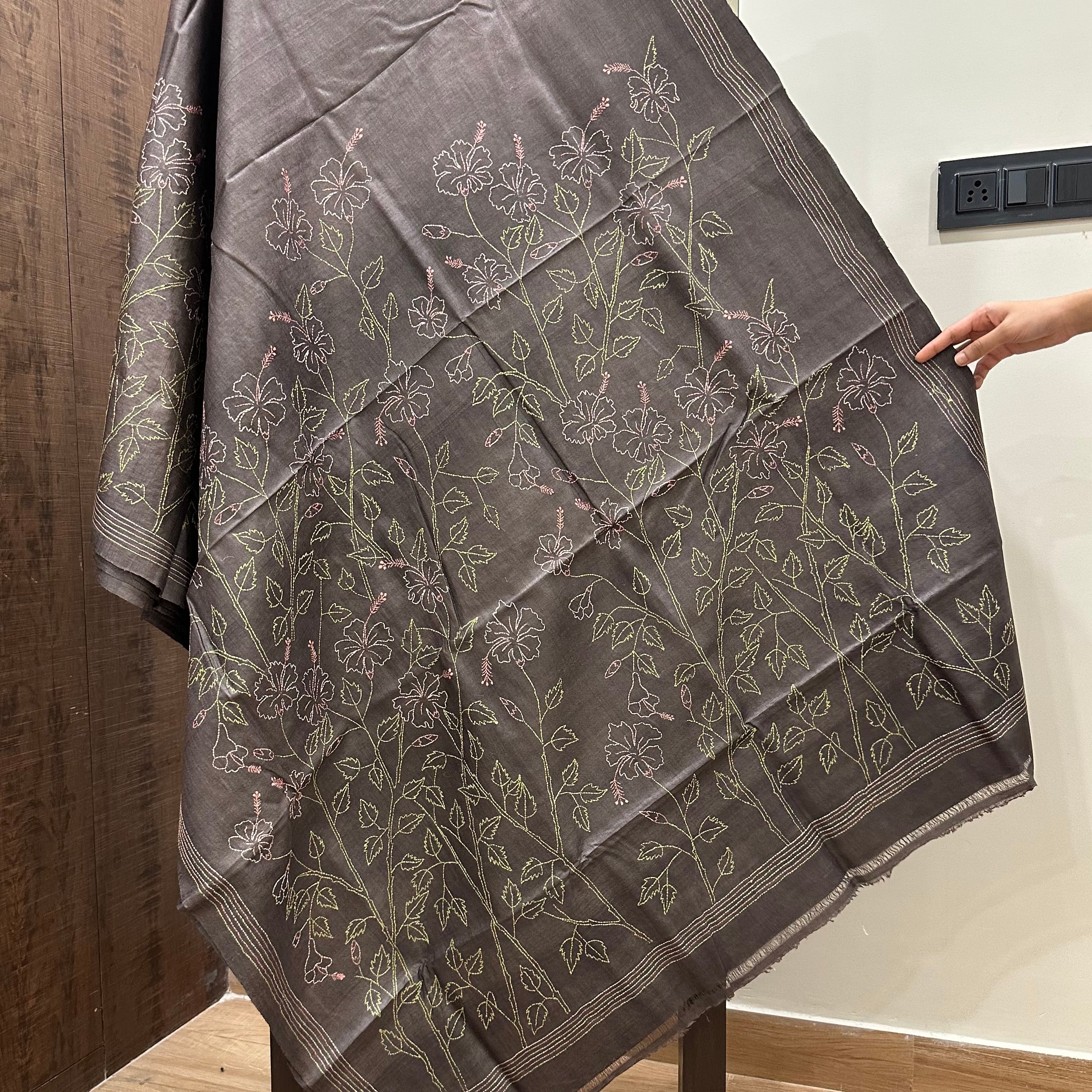 Grey Natural Dyed Handwoven Tussar with Kantha