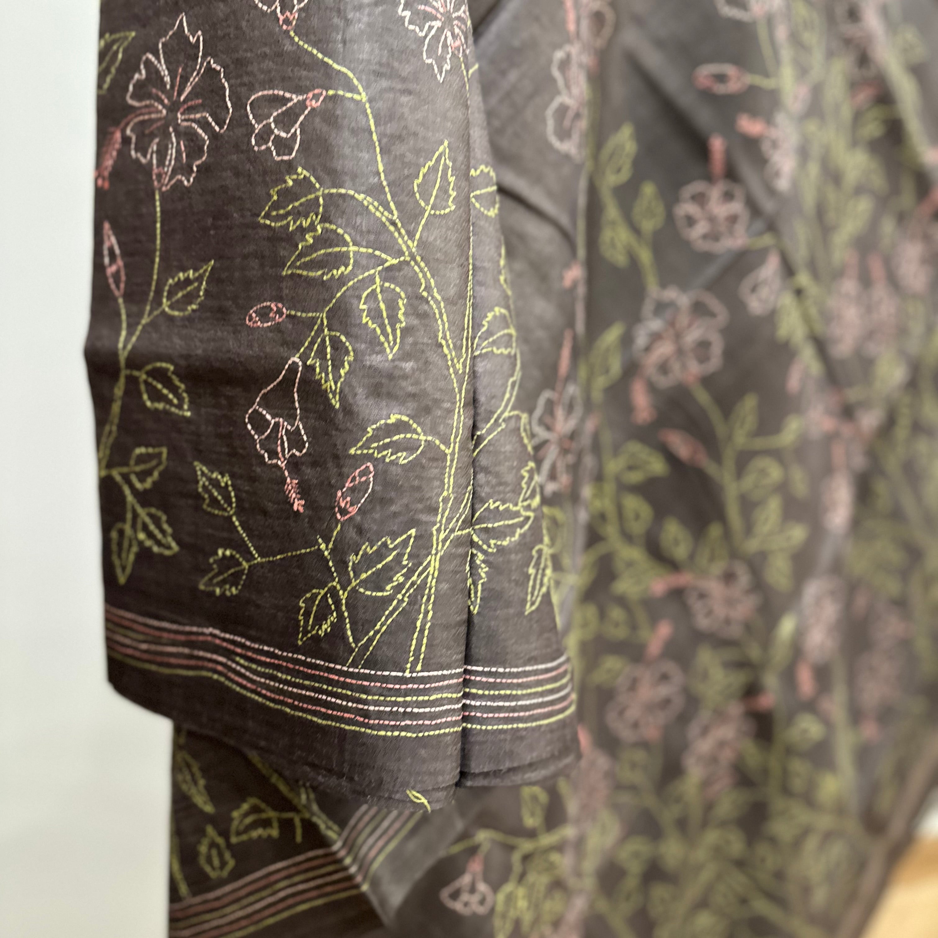 Grey Natural Dyed Handwoven Tussar with Kantha