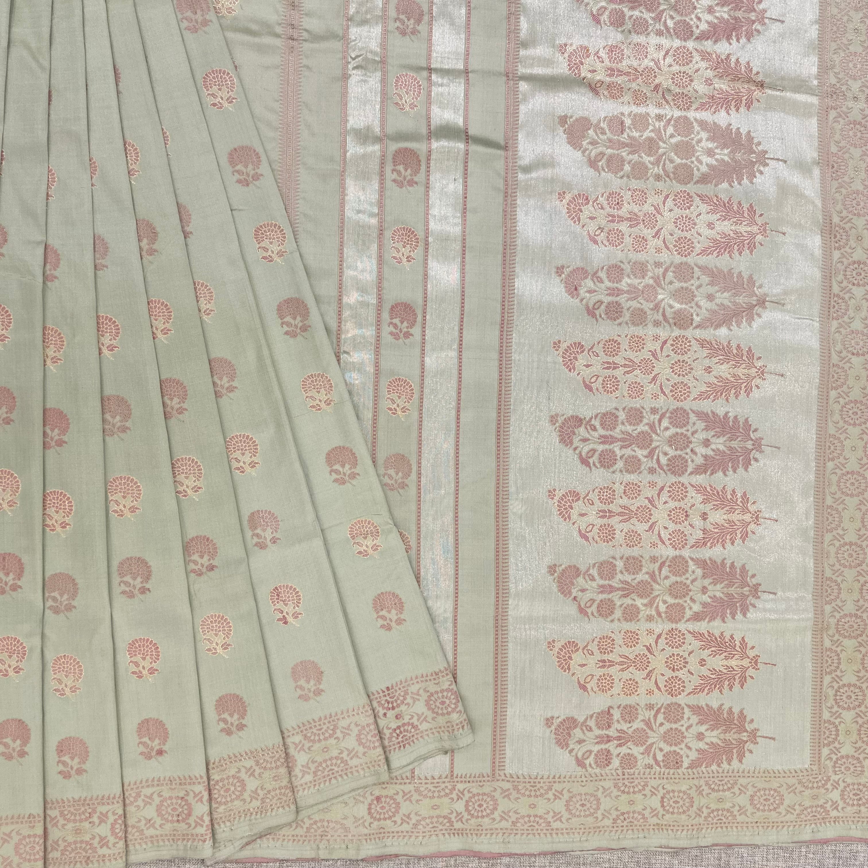 Pre Order : Light Pista and Old Rose Colour Marigold Baluchari Saree