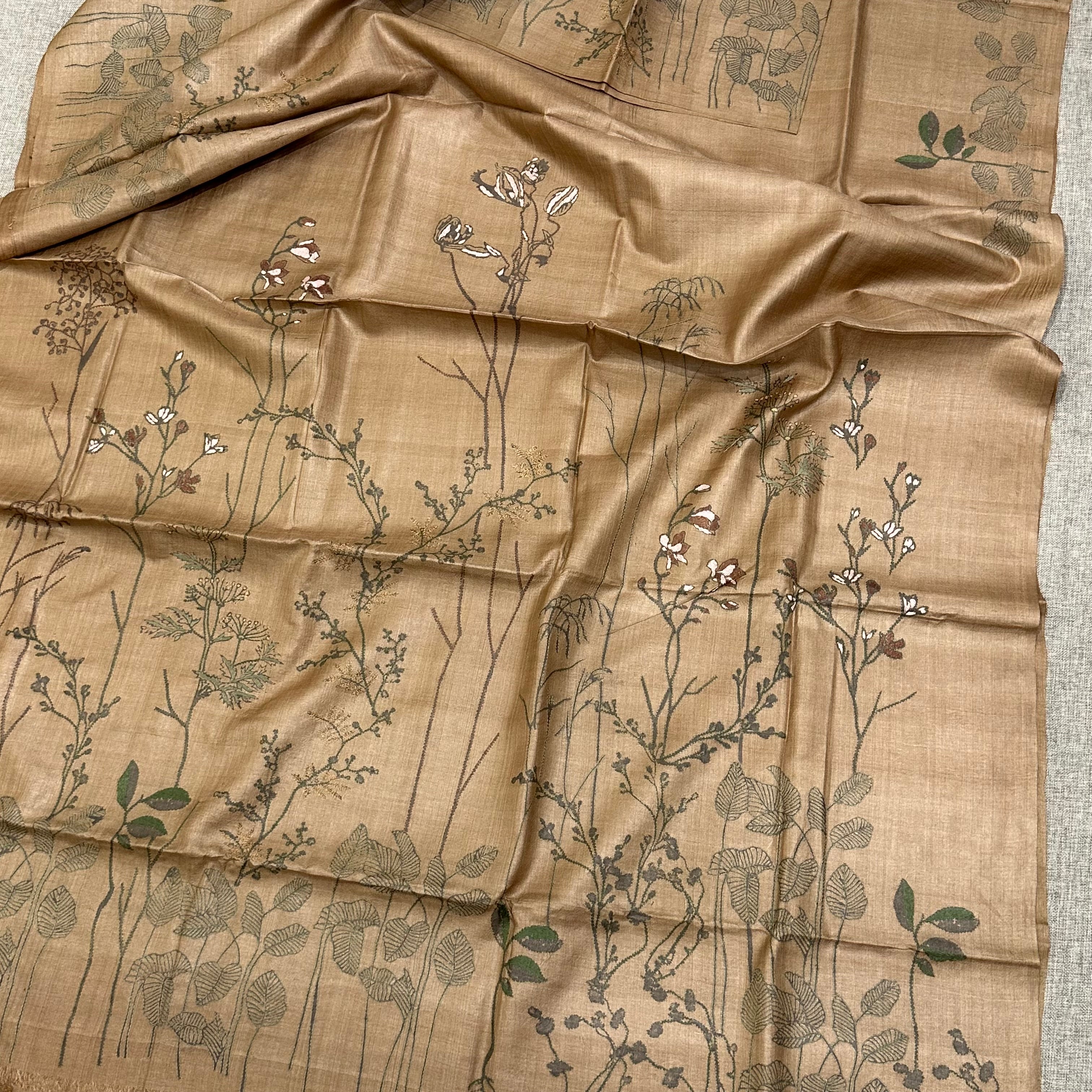 Coffee Coloured Natural Dyed Handwoven Tussar with Kantha
