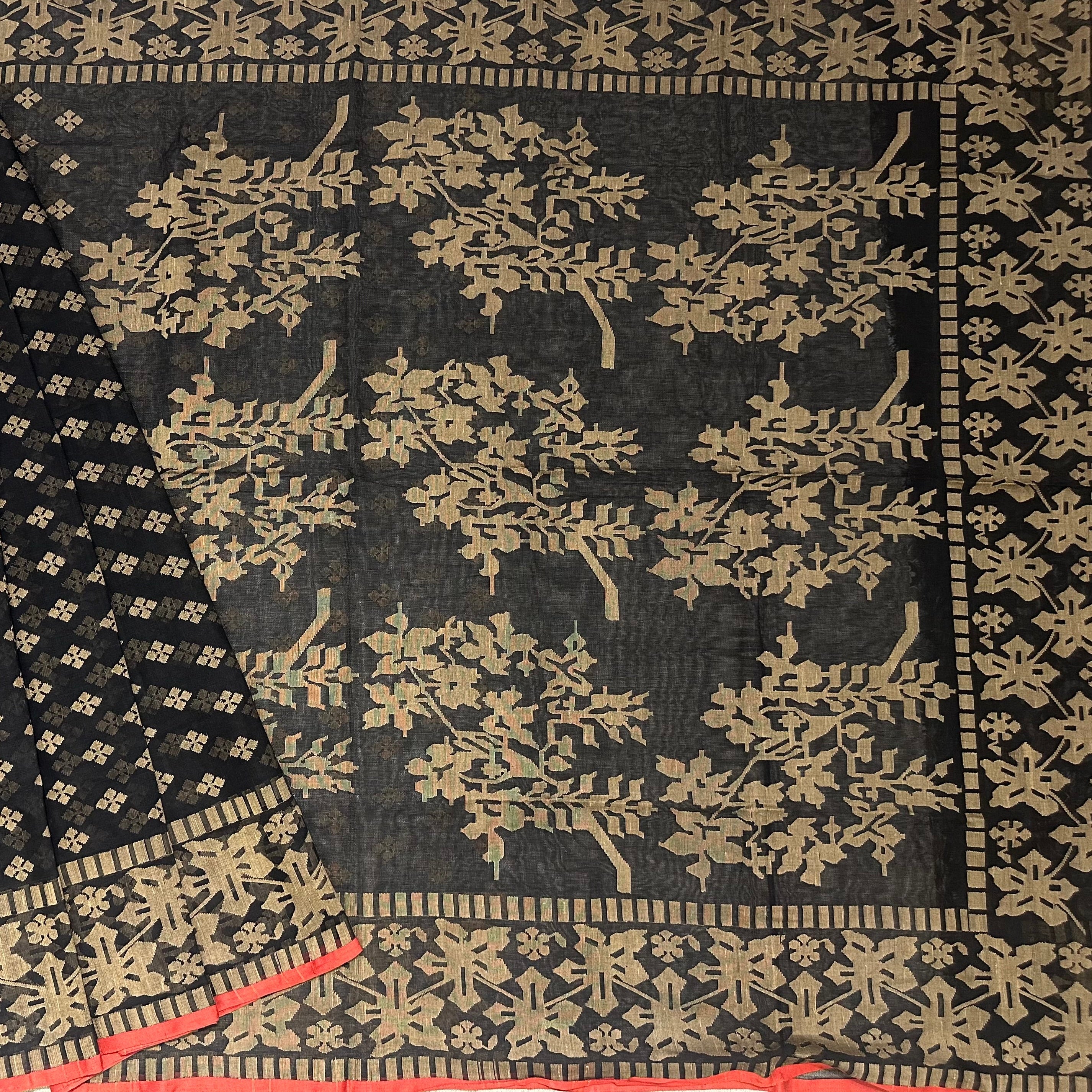 Black and Beige Angoorlata Dhakai Jamdani Saree (Grapevine)