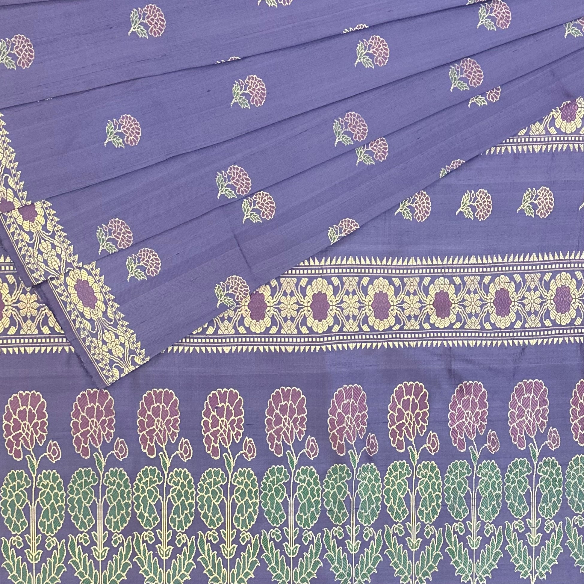 Purple Shot Color Marigold Baluchari Saree