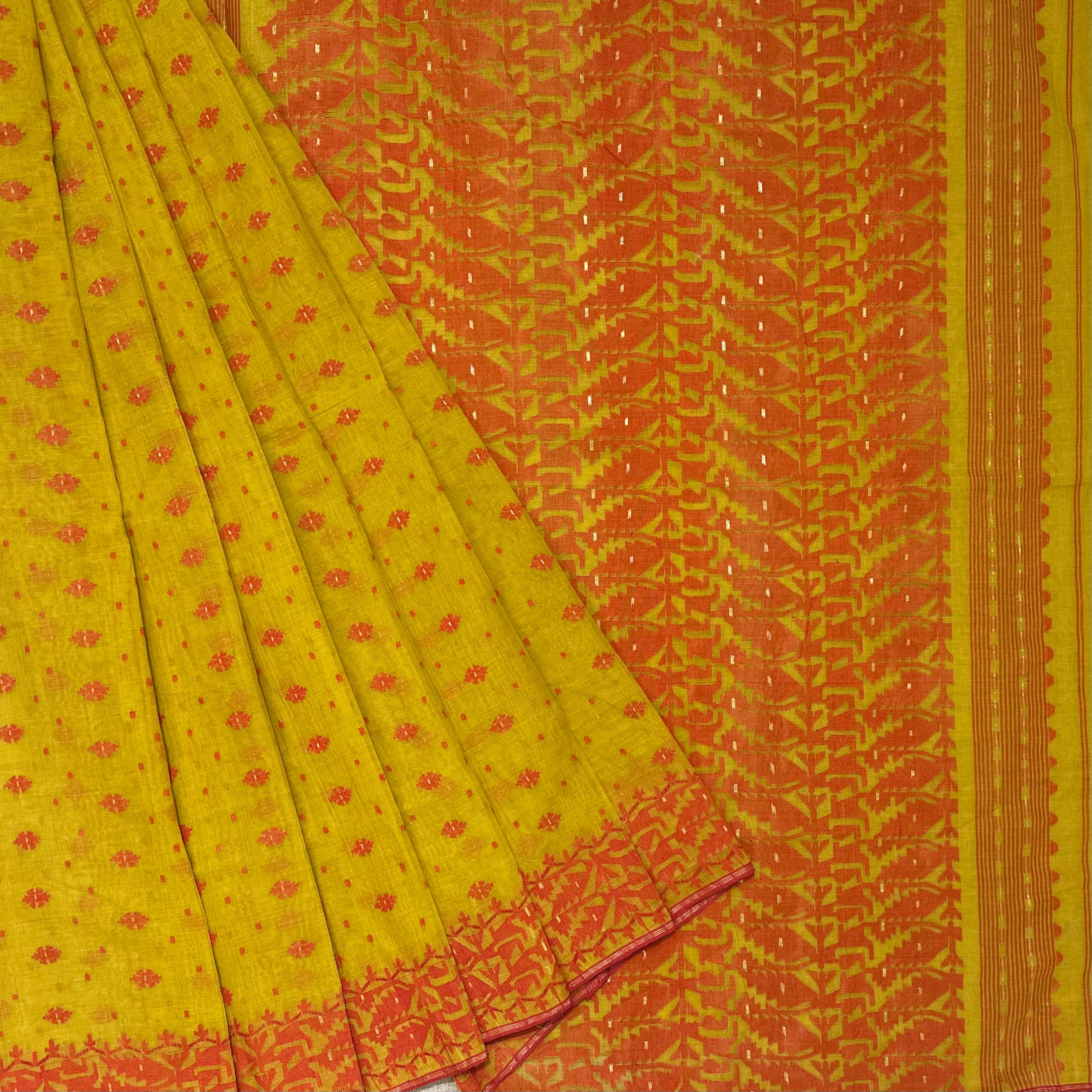 Mustard and Red Dhakai Jamdani