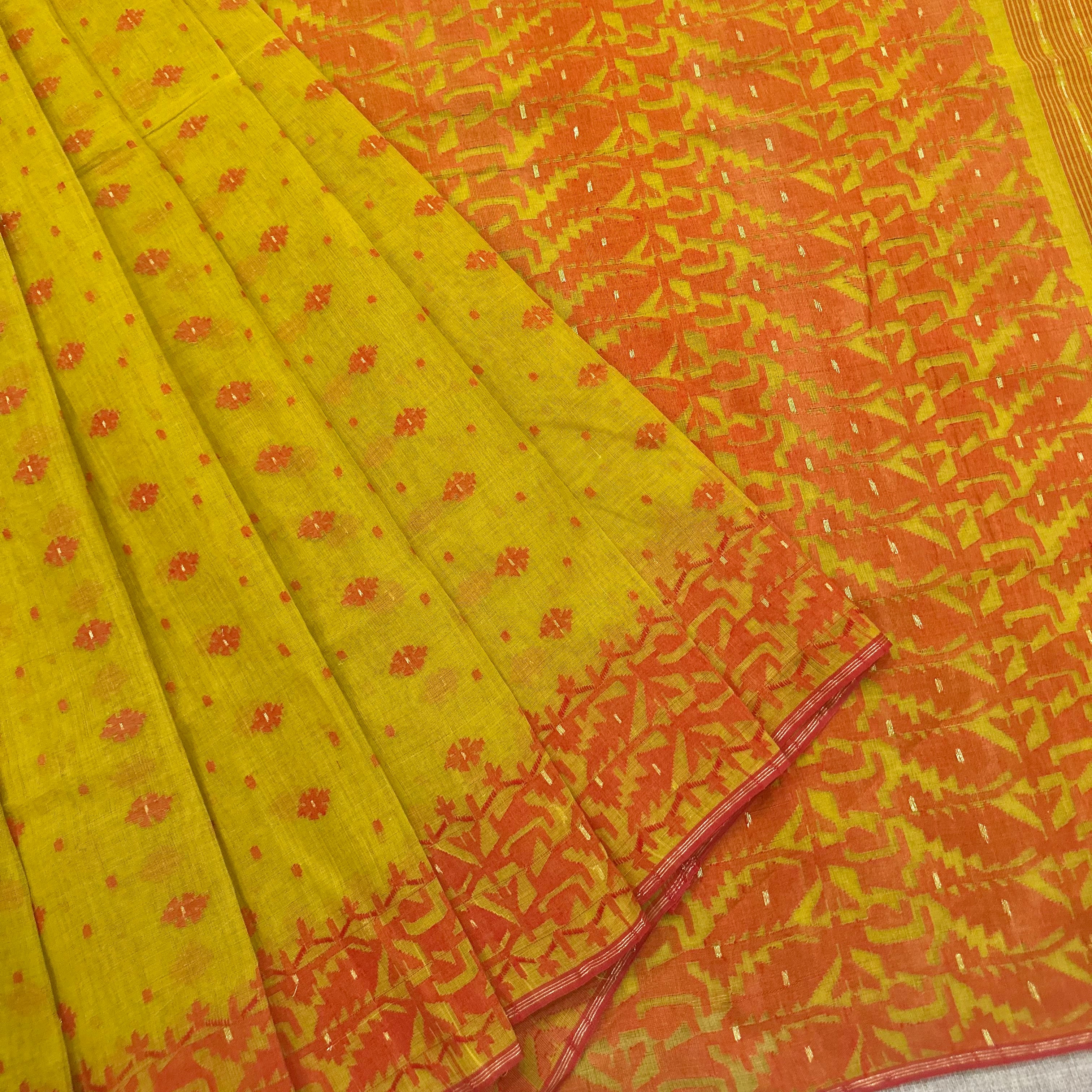 Mustard and Red Dhakai Jamdani