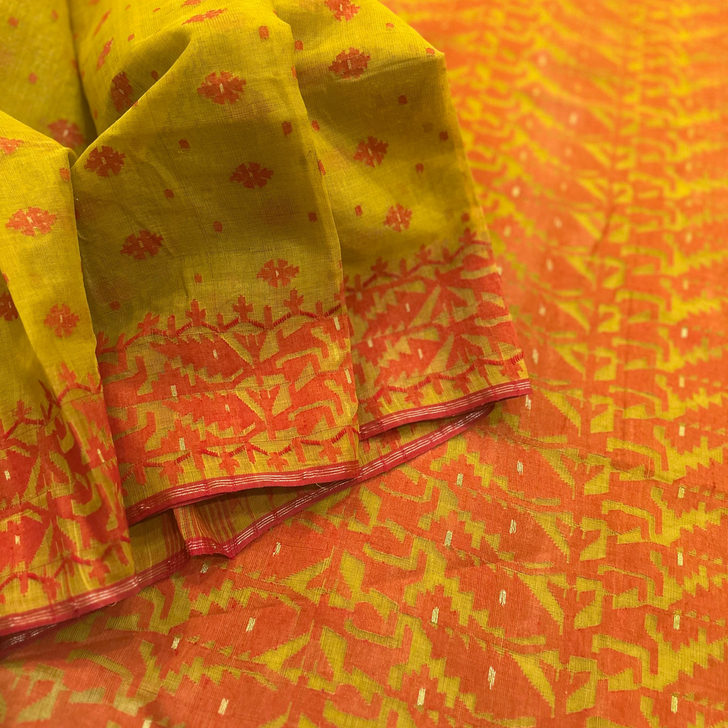 Mustard and Red Dhakai Jamdani