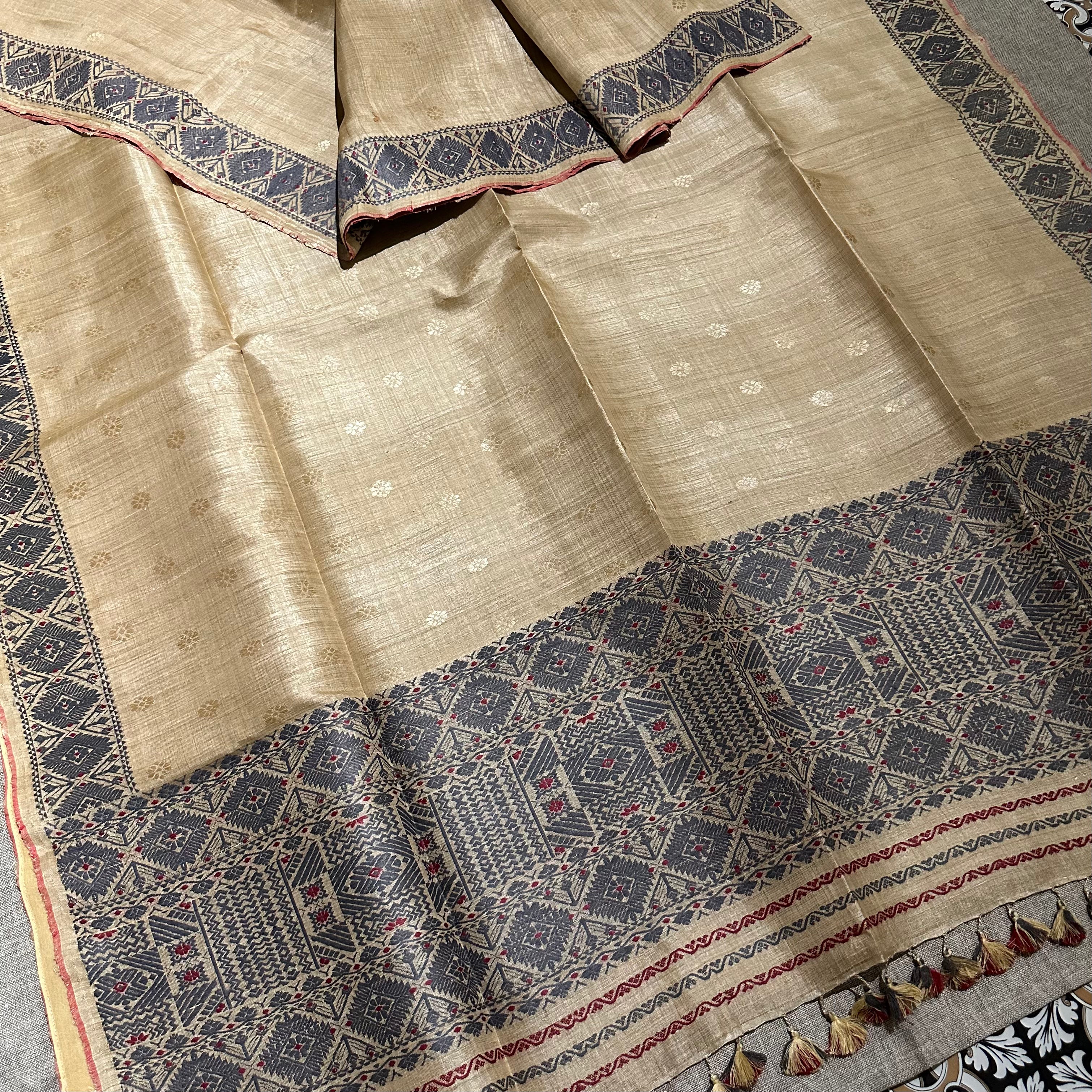 Handwoven Pure Muga Saree with Indigo Extra Weft