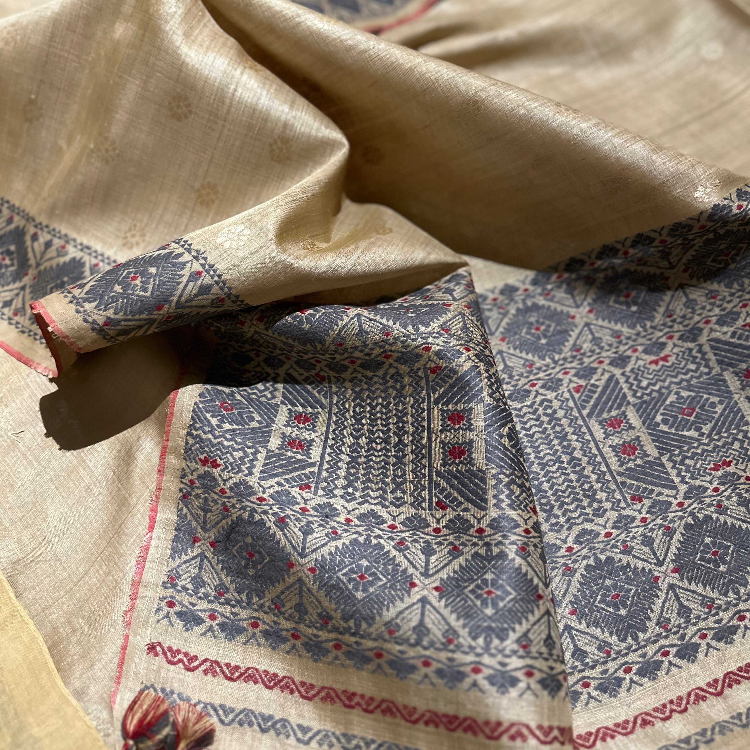 Handwoven Pure Muga Saree with Indigo Extra Weft