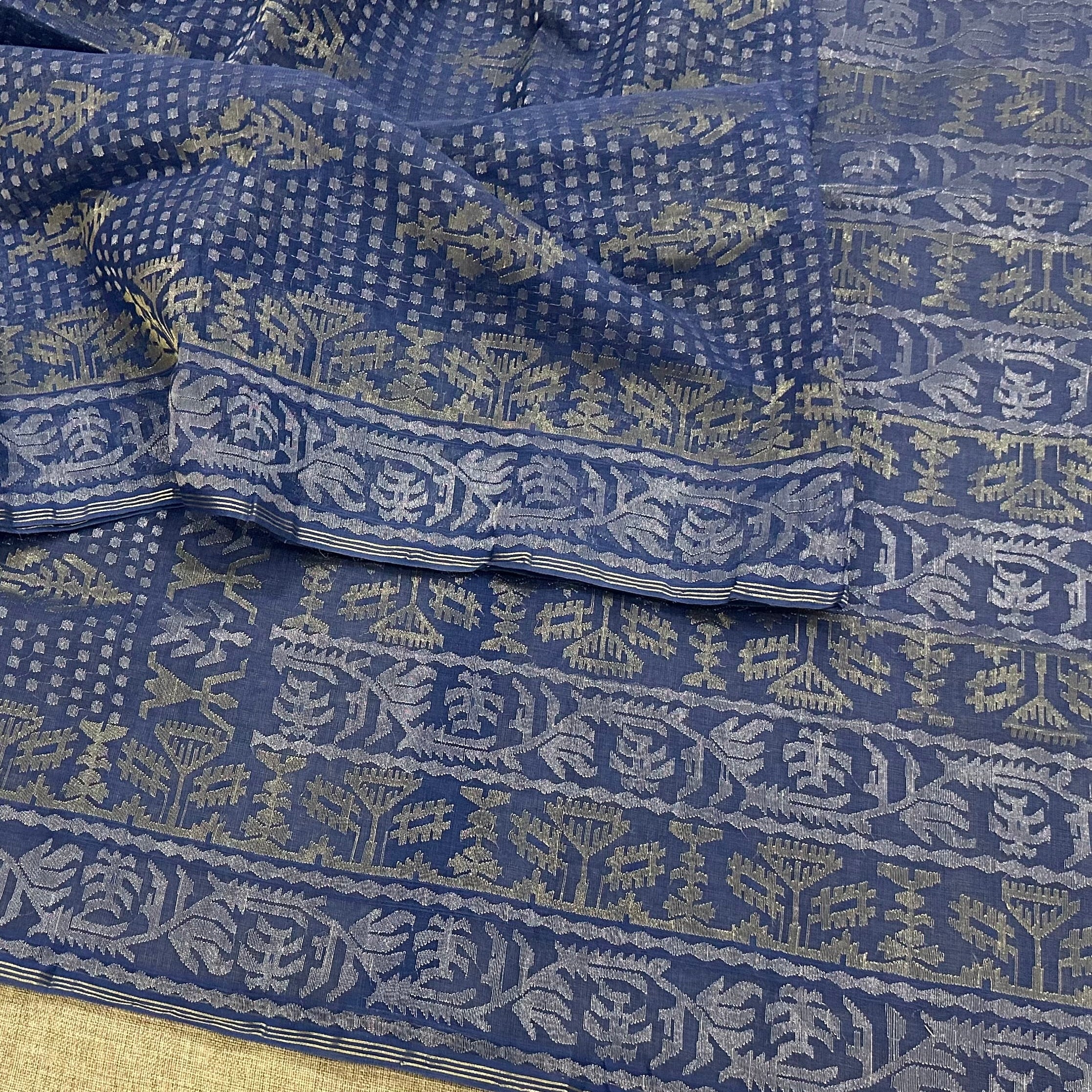 Blue with Golden and Silver zari Dhakai Jamdani