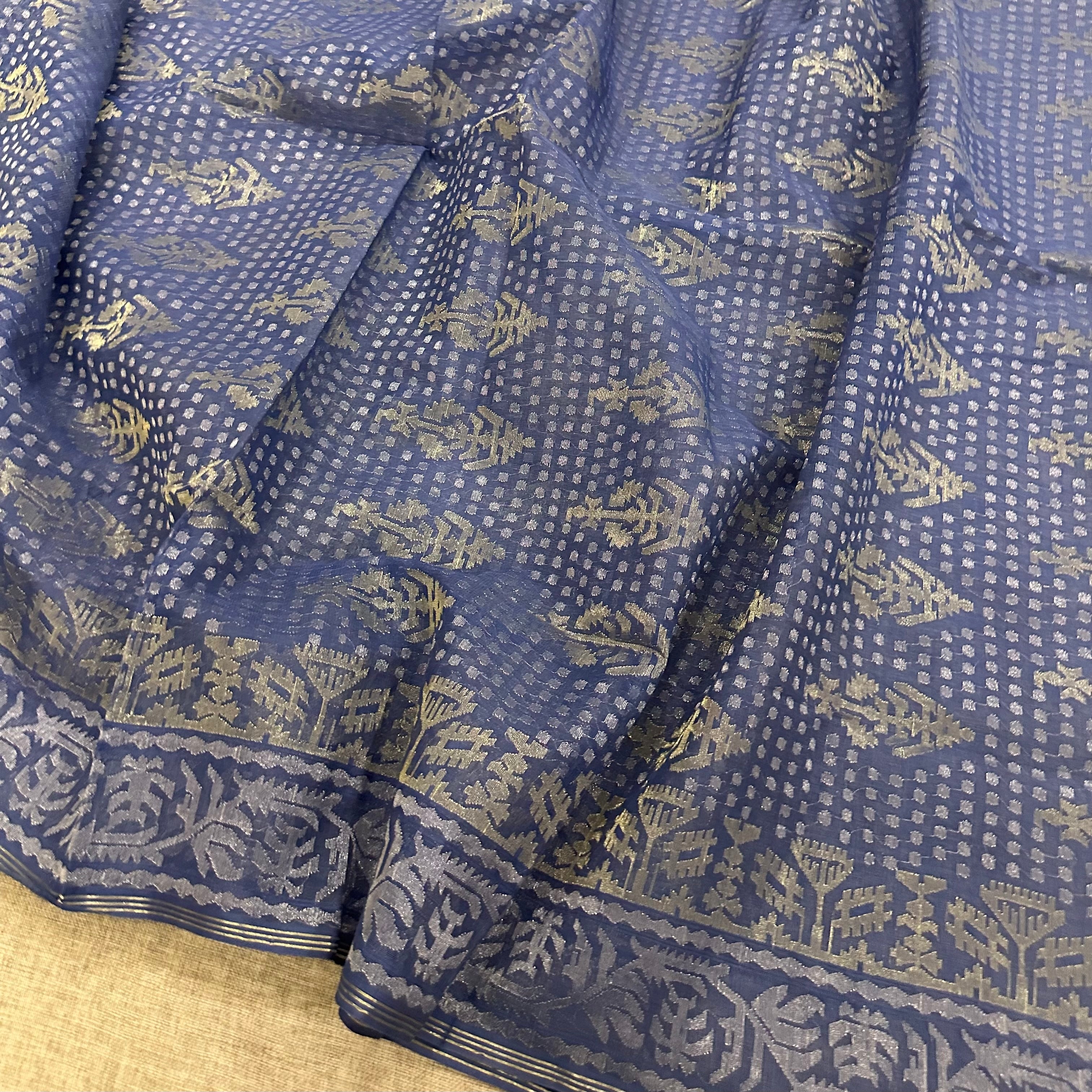 Blue with Golden and Silver zari Dhakai Jamdani