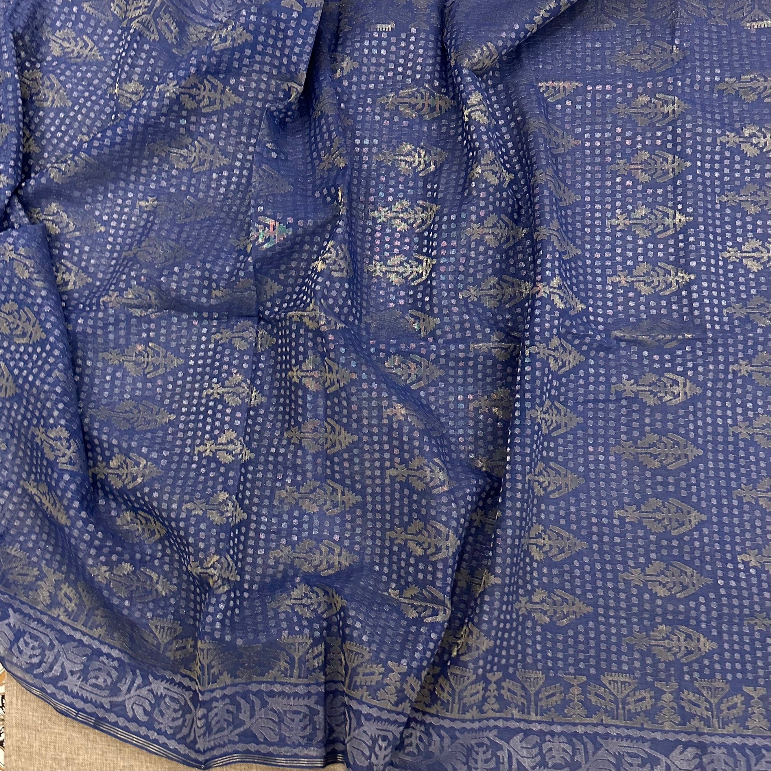Blue with Golden and Silver zari Dhakai Jamdani