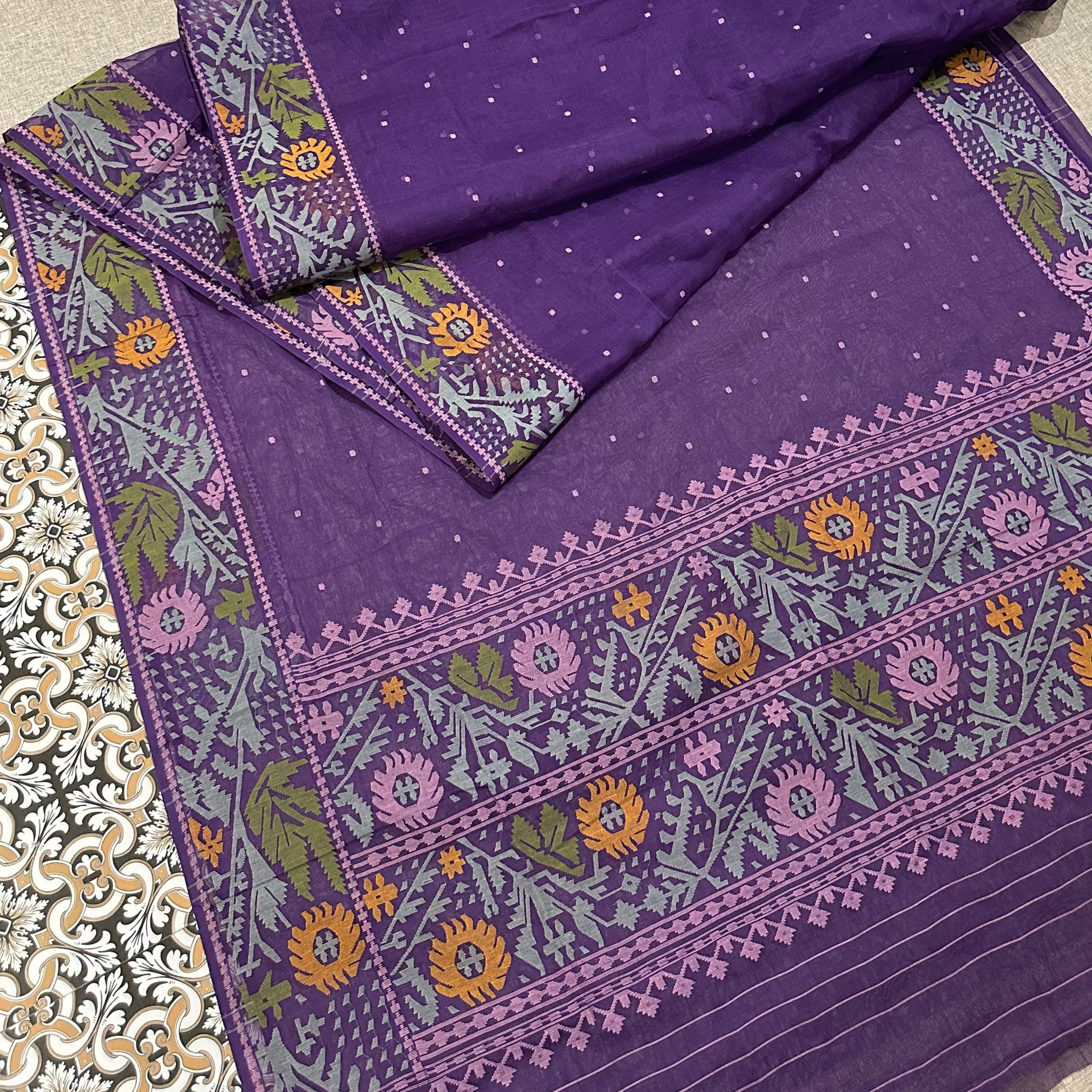 Purple with Multicoloured Floral Dhakai Jamdani