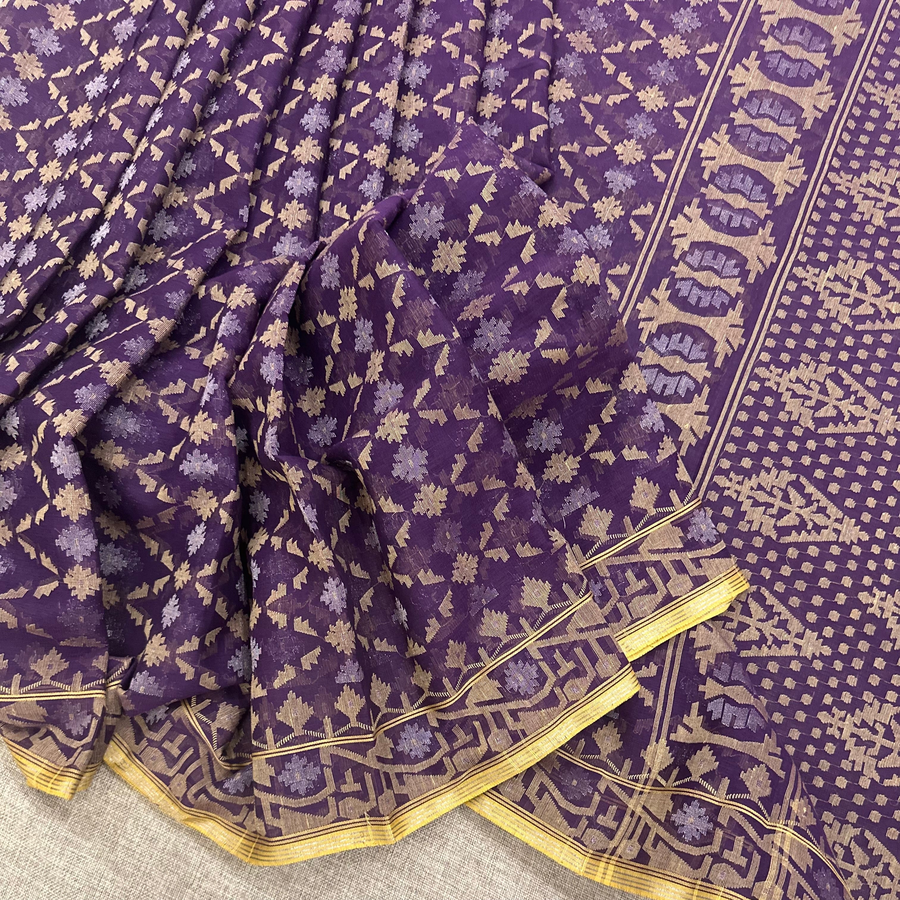 Purple, Beige and Silver Zari Jaal Dhakai Jamdani Saree