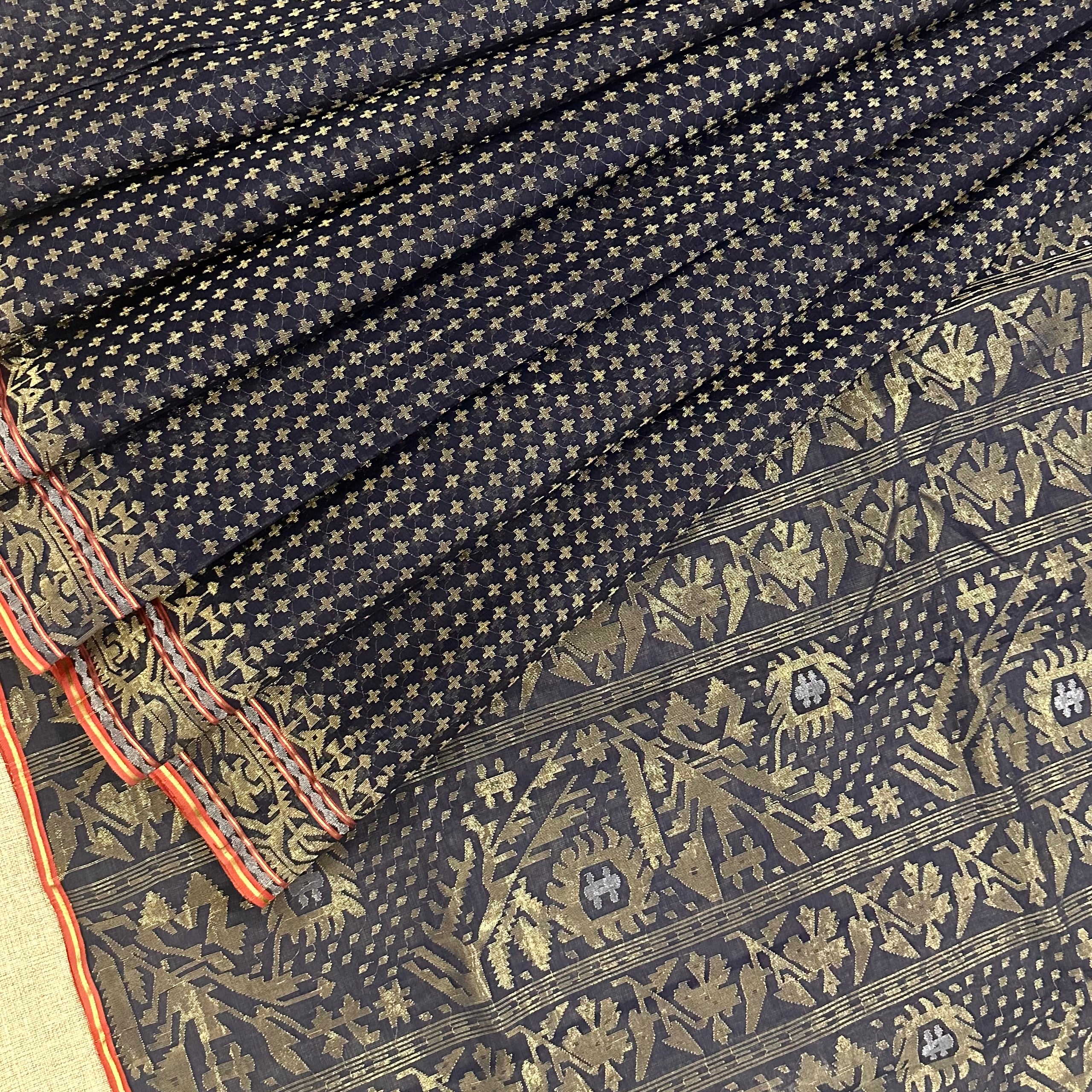 Natural Dyed Indigo with Golden Zari Dhakai Jamdani