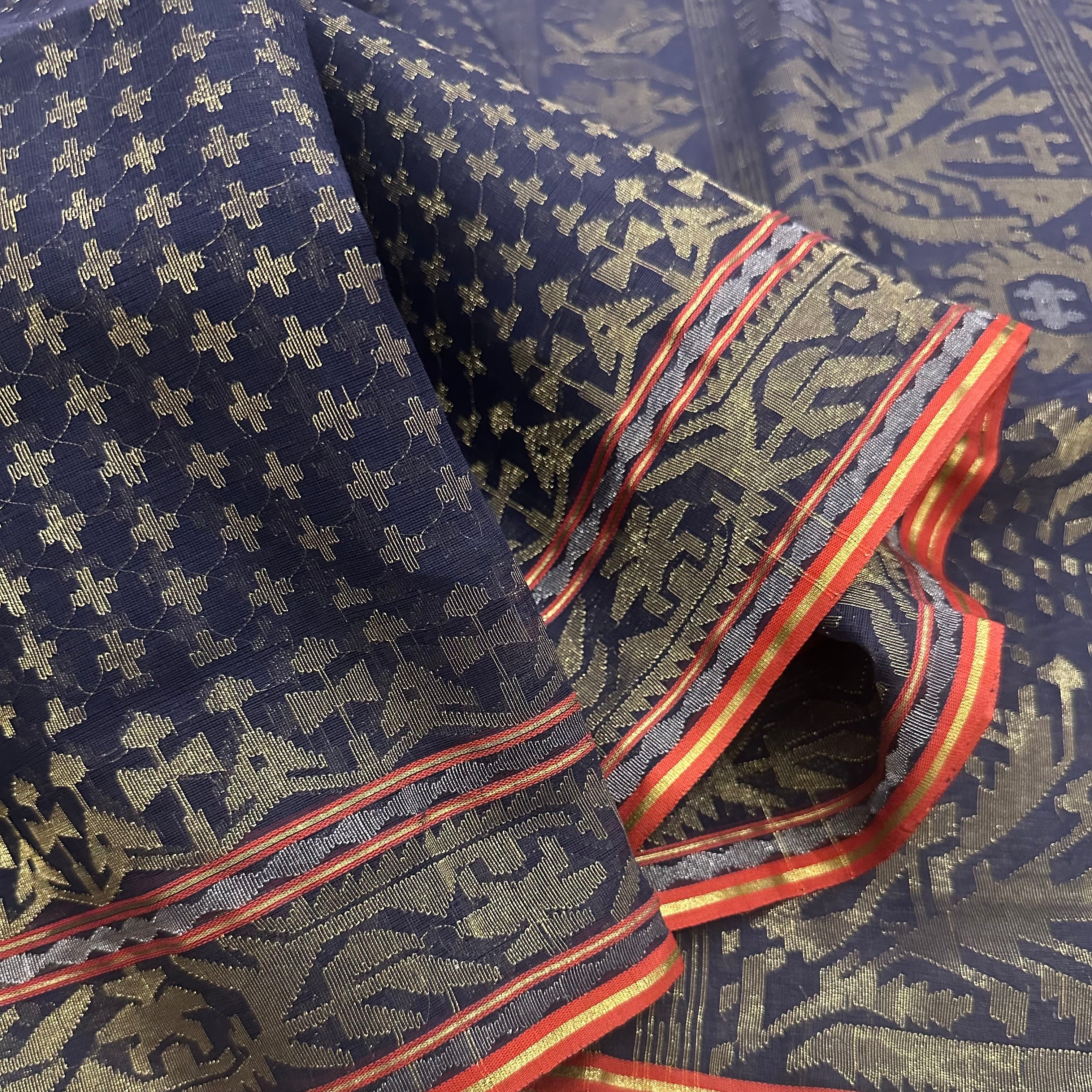 Natural Dyed Indigo with Golden Zari Dhakai Jamdani