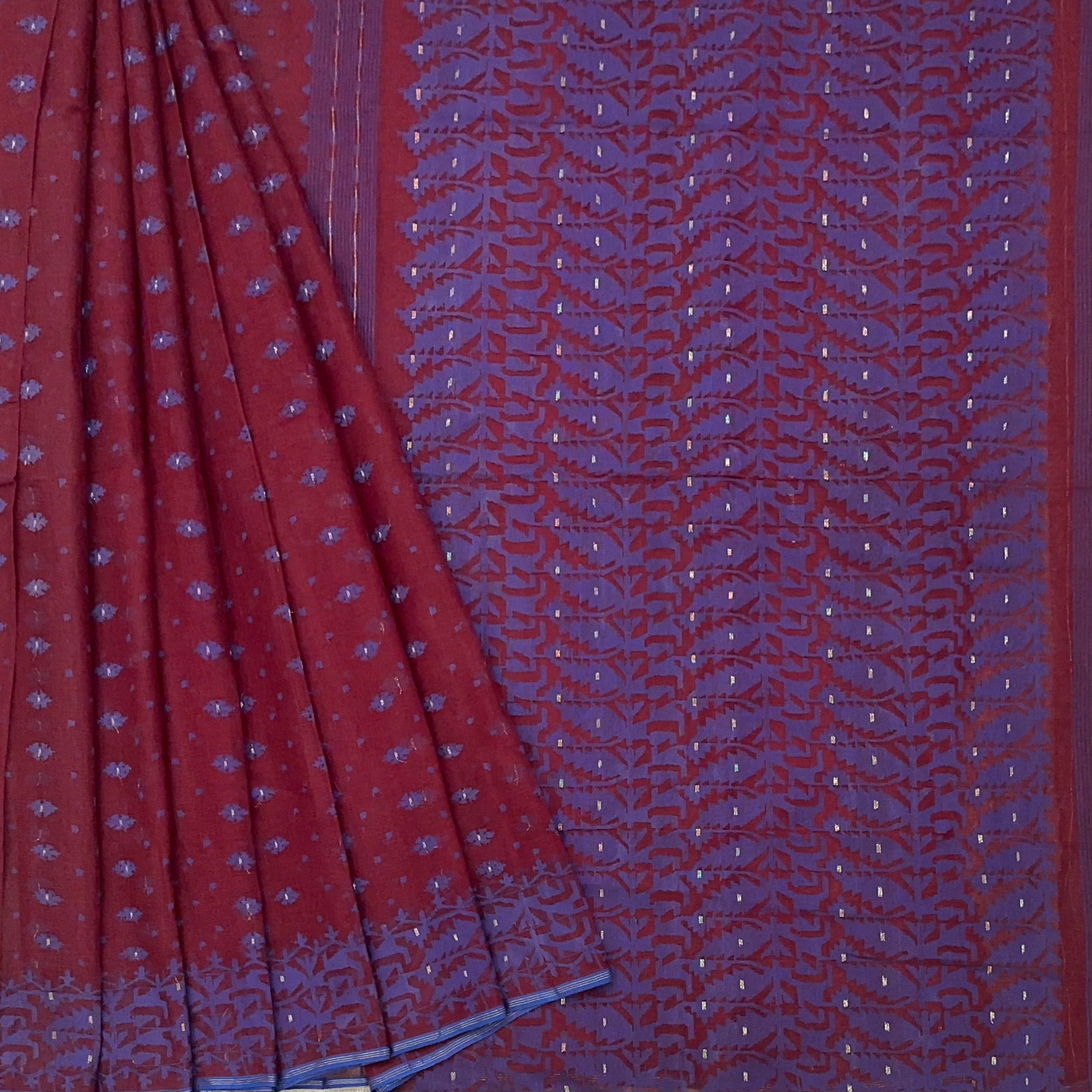 Maroon with Blue Dhakai Jamdani