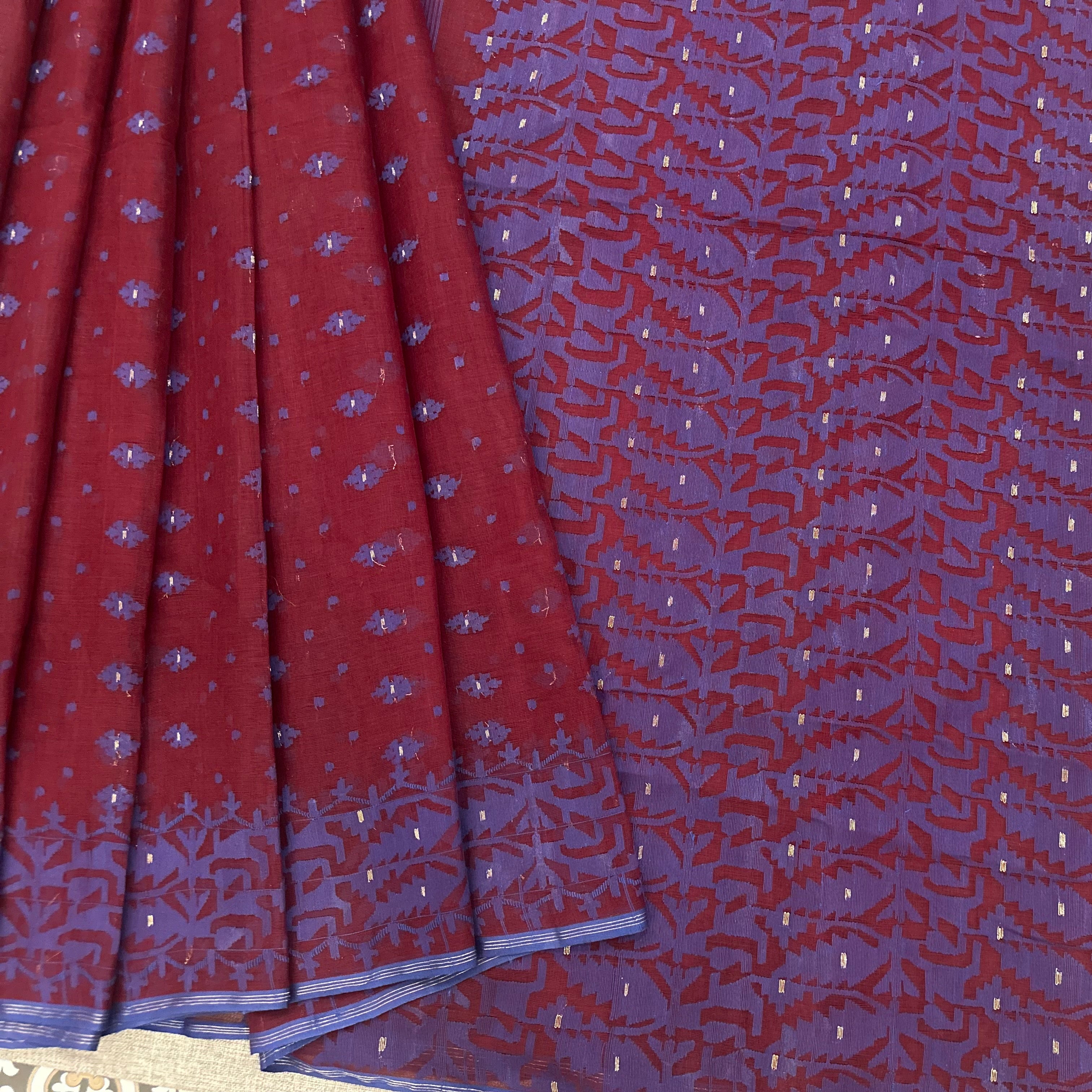 Maroon with Blue Dhakai Jamdani