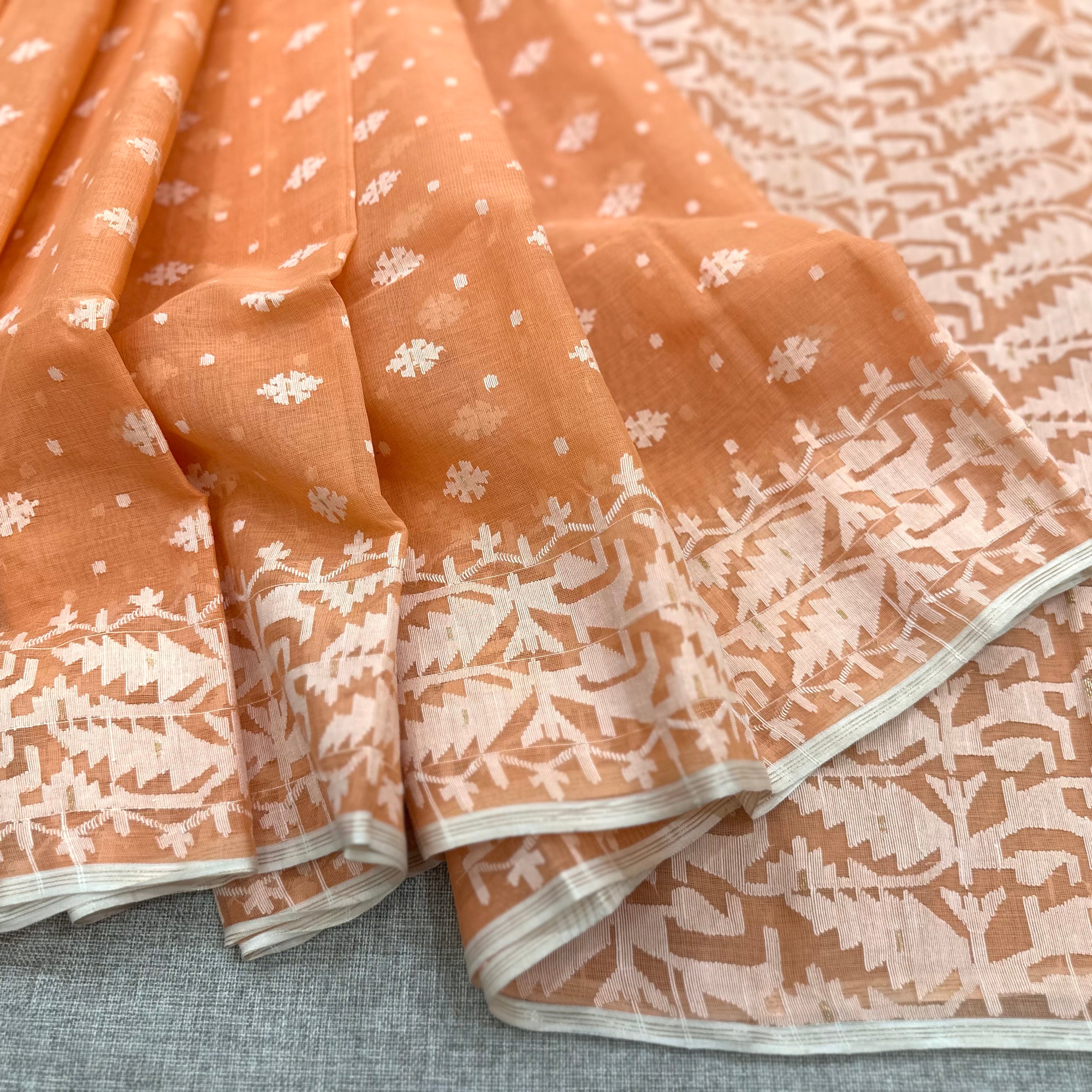 Peach and White Dhakai Jamdani