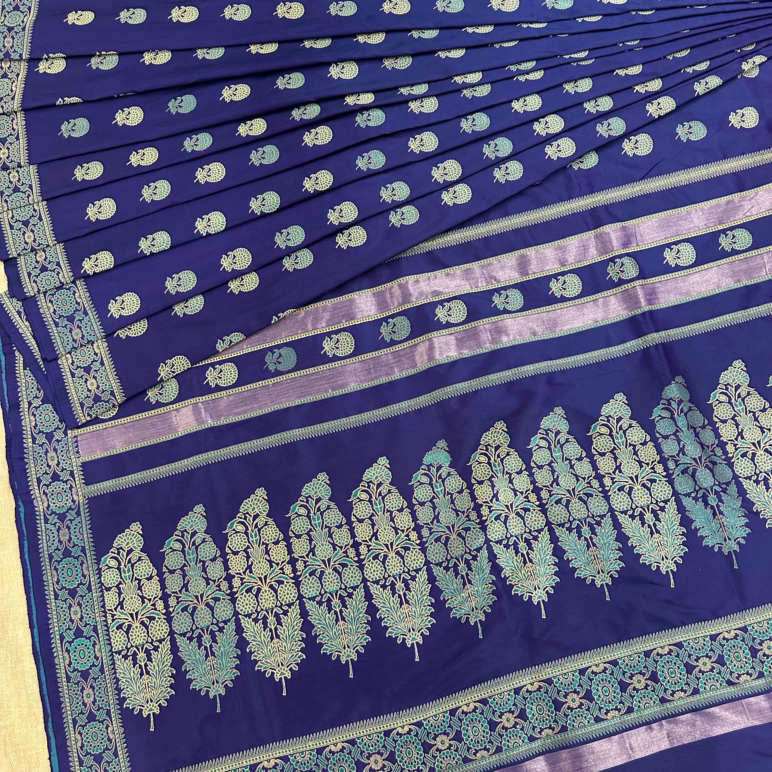 Blue and Turquoise marigold Revival Baluchari Saree